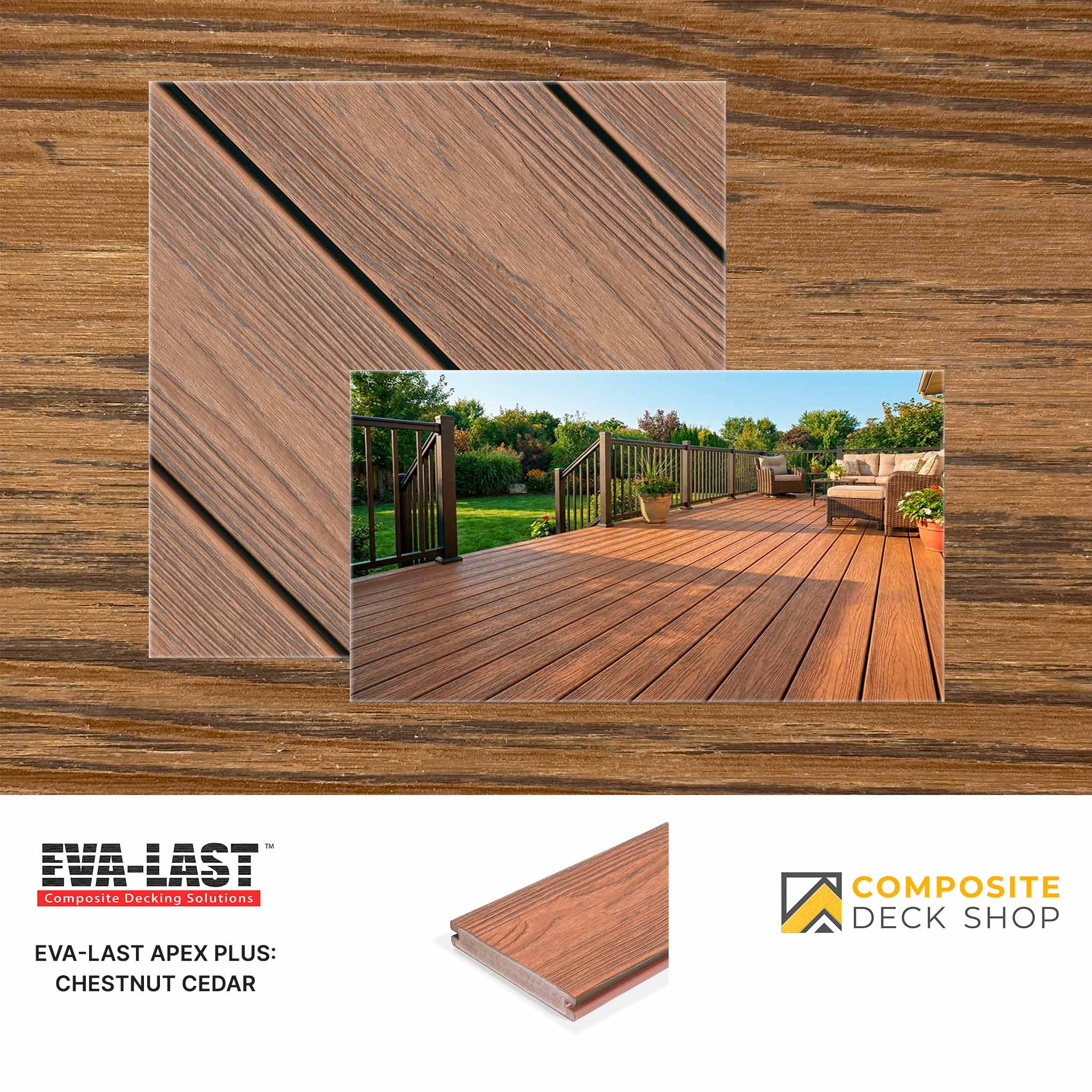 Composite decking material with a scenic outdoor setting and brand logos.