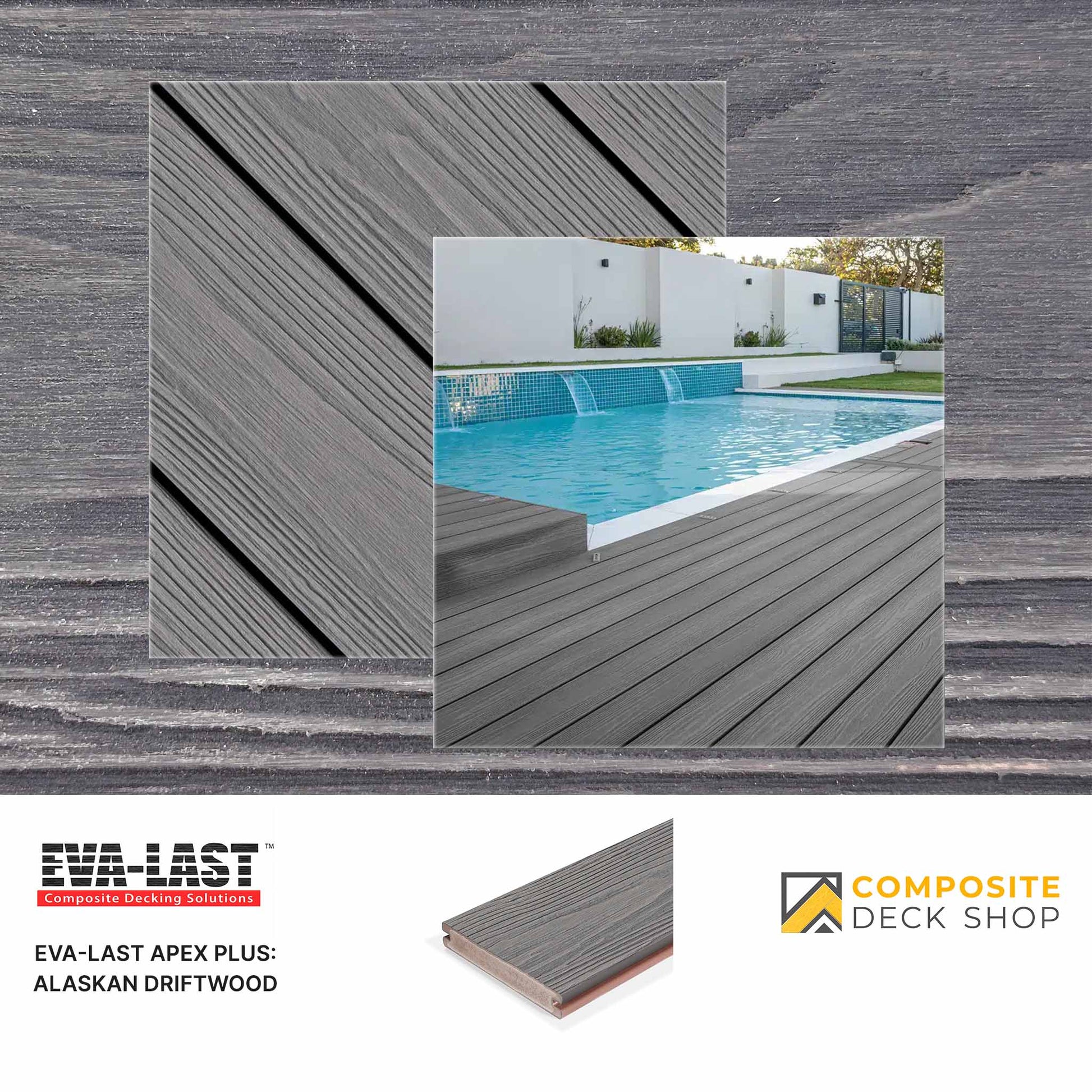 EVA-LAST composite deck boards with a pool and house background, featuring Composite Deck Shop branding.