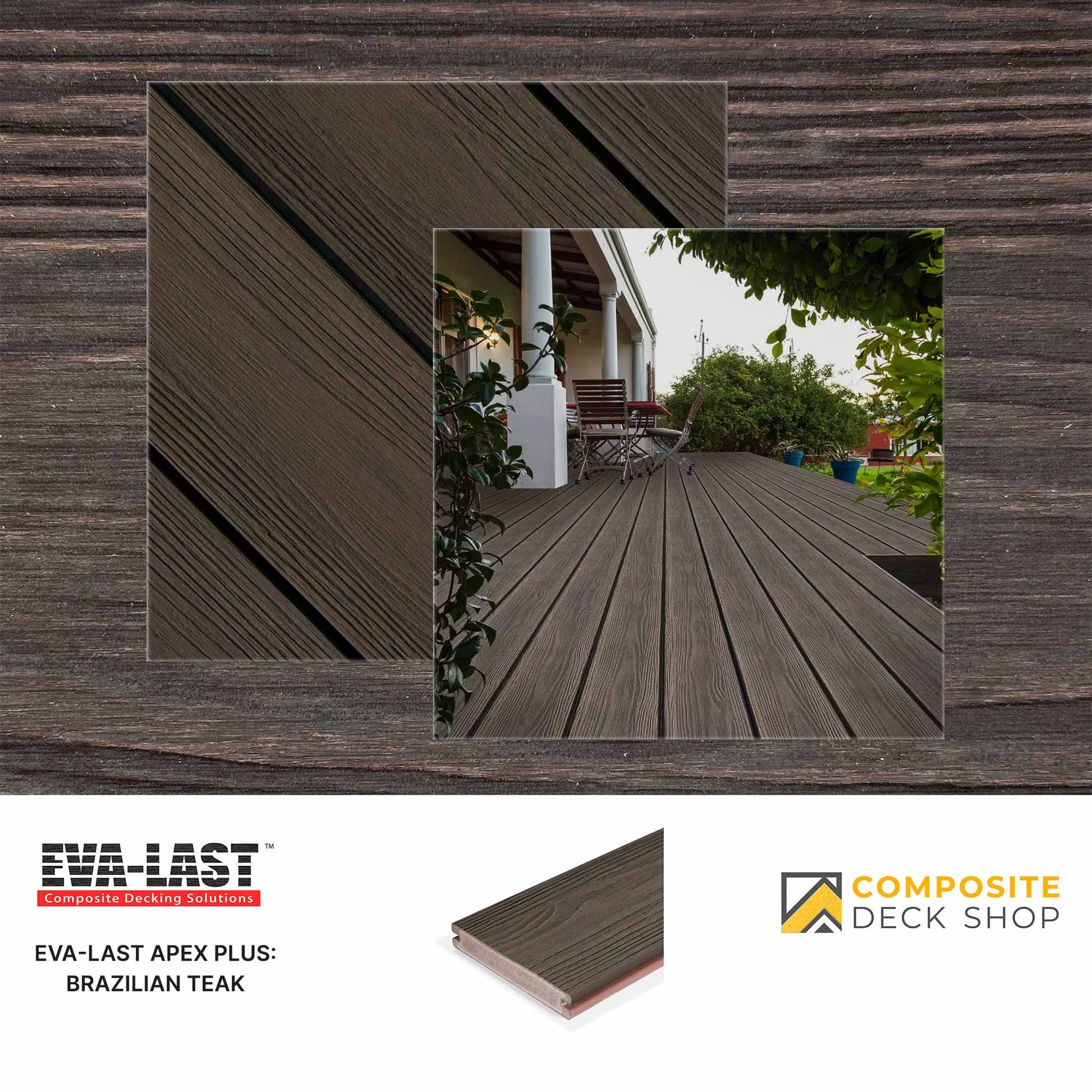 Composite deck material with Eva-Last and Composite Deck Shop branding, featuring a deck scene.