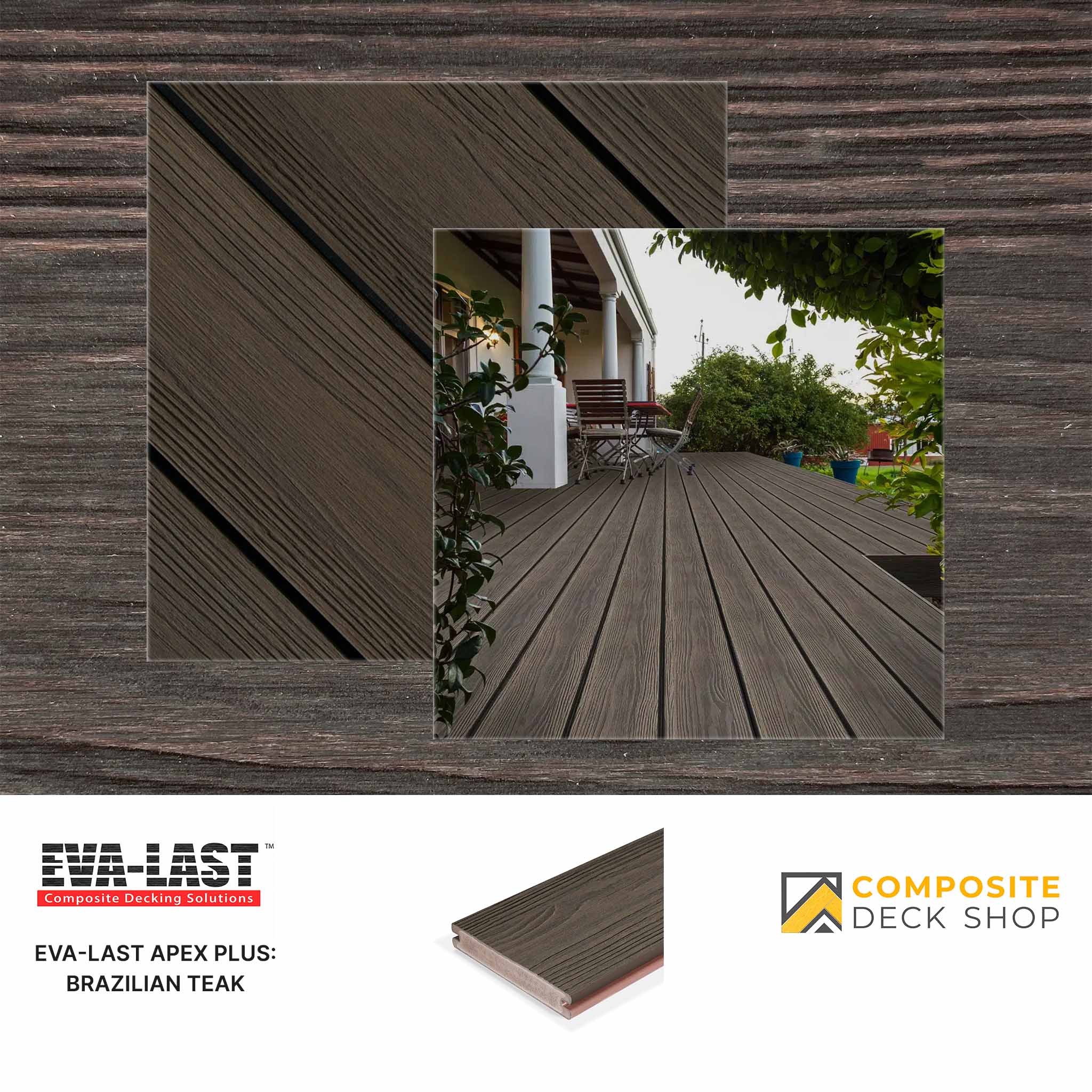 Composite deck material with Eva-Last and Composite Deck Shop branding, featuring a deck scene.
