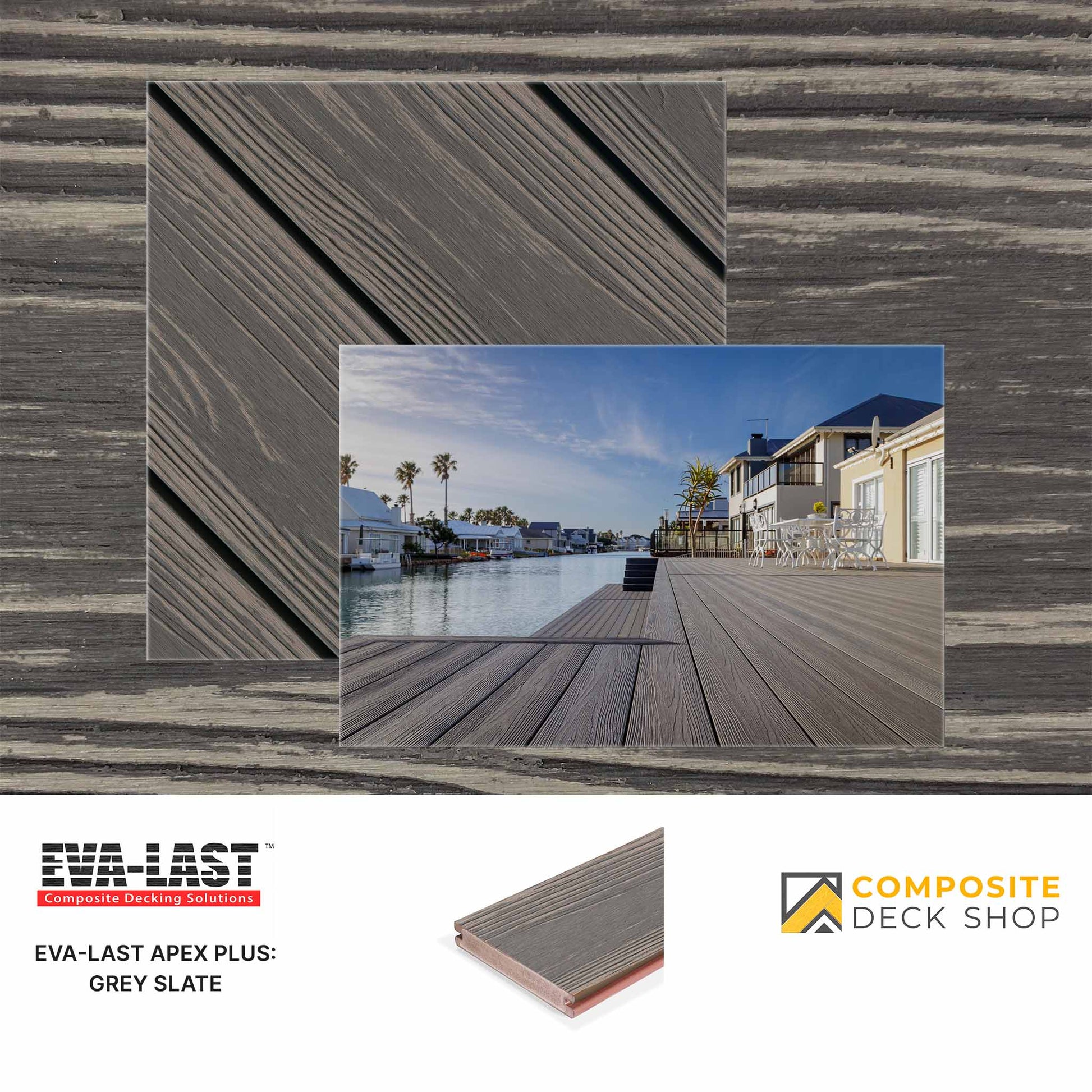 Composite deck material with a scenic waterfront view and brand logos.