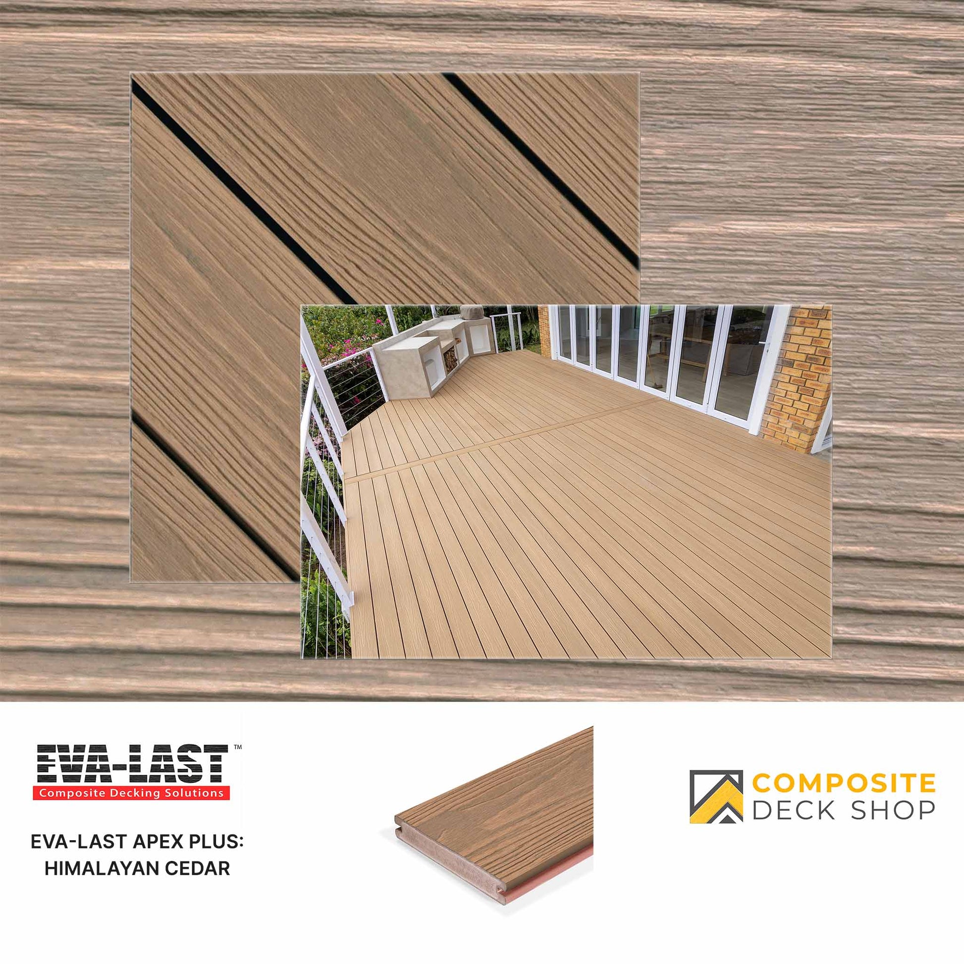 Composite decking material with EVA-LAST and Composite Deck Shop branding.
