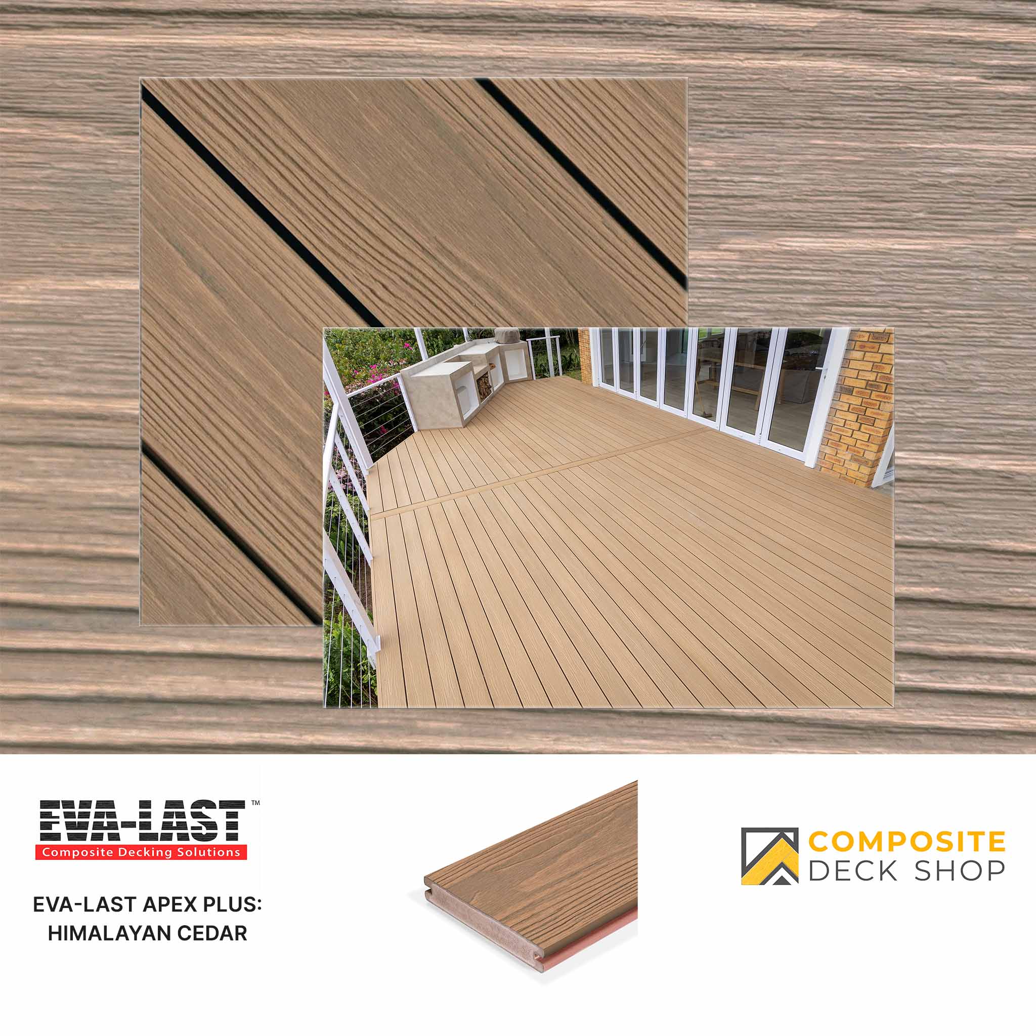 Composite decking material with EVA-LAST and Composite Deck Shop branding.