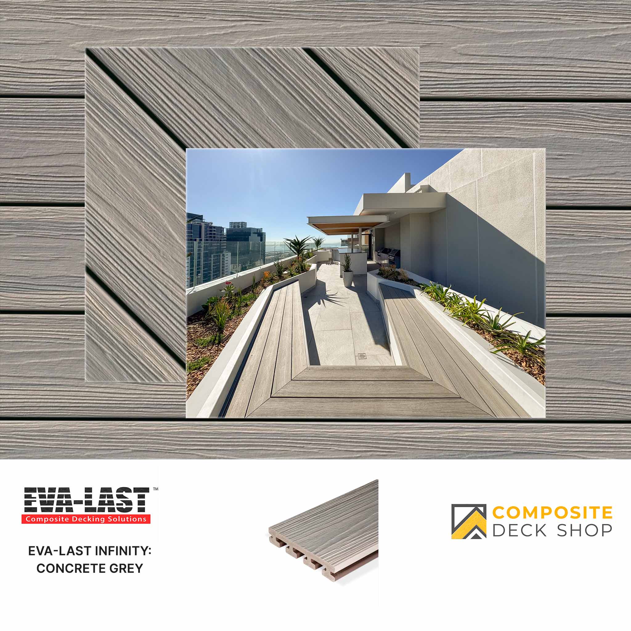 Composite deck material with a modern outdoor setting and brand logos.