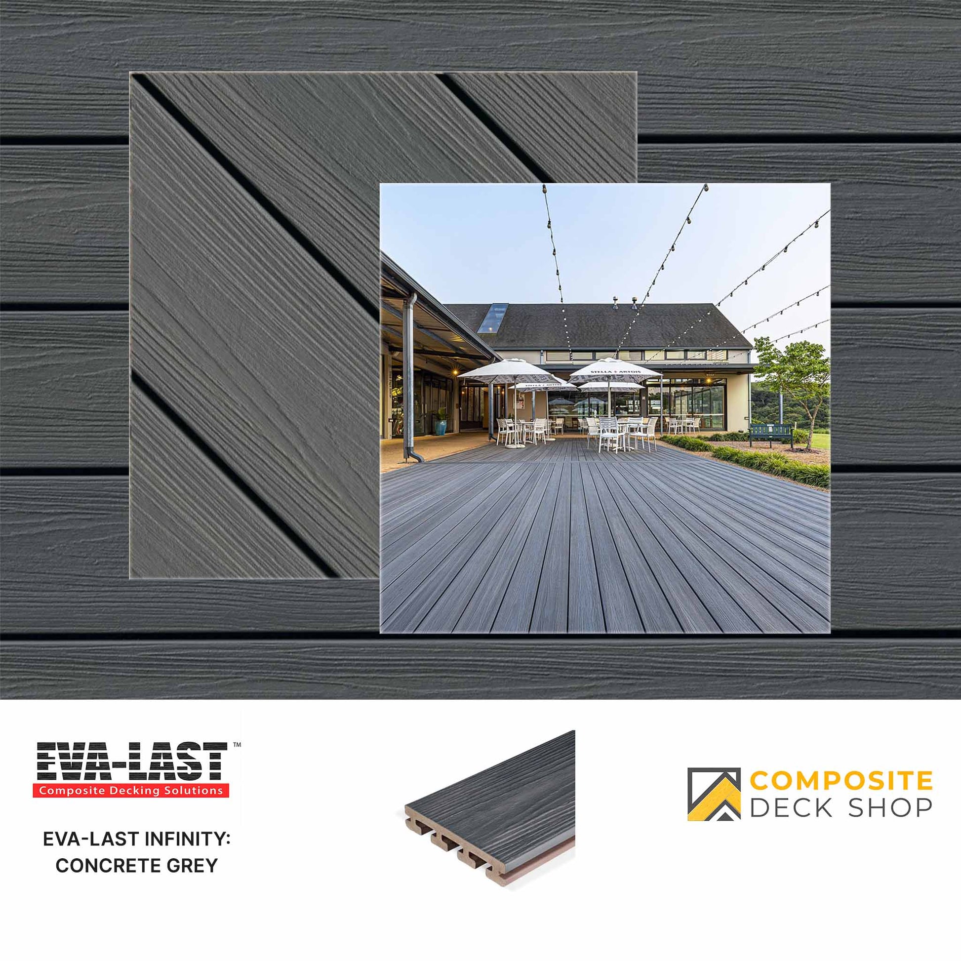 Eva-Last Infinity Concrete Grey composite deck board with a sample of a deck and Composite Deck Shop logo.