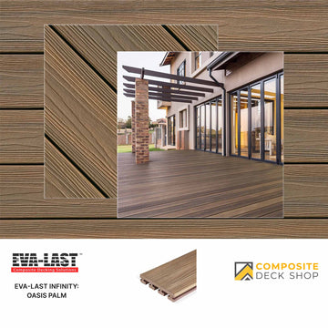 Composite decking with a modern outdoor setting and brand logos.