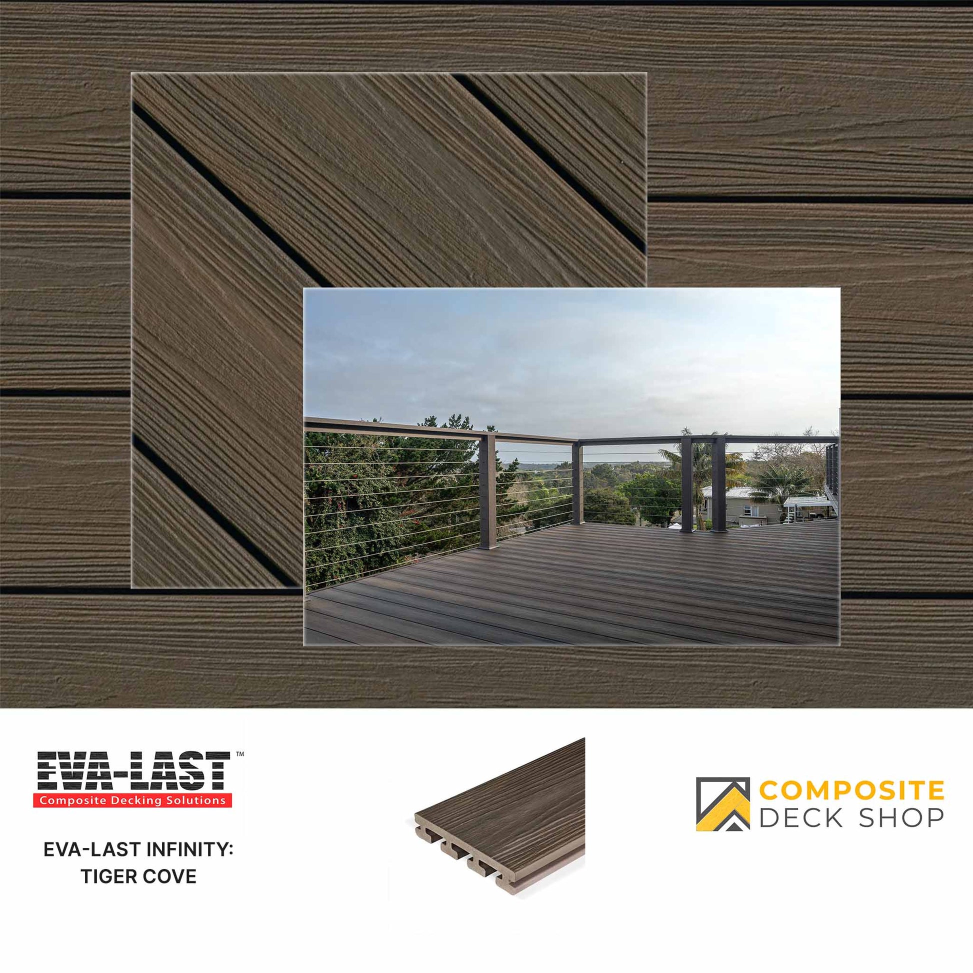 Composite decking material with a scenic view of a deck and surrounding area, featuring Eva-Last and Composite Deck Shop logos.