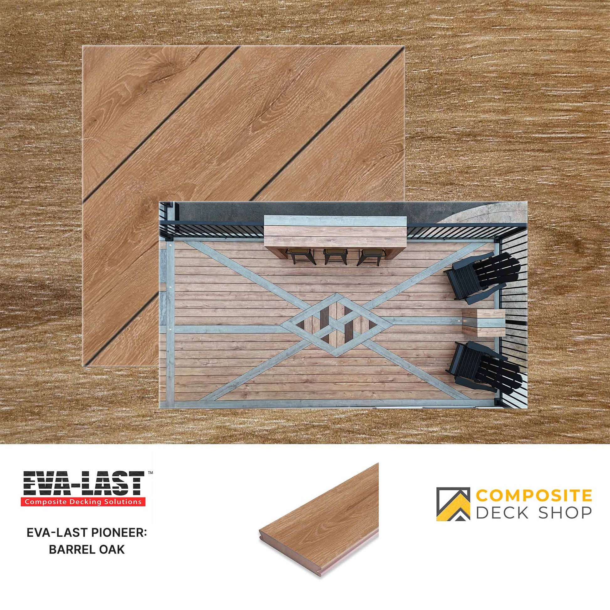 Wooden deck tiles with EVA-Last and Composite Deck Shop branding on a wooden background.