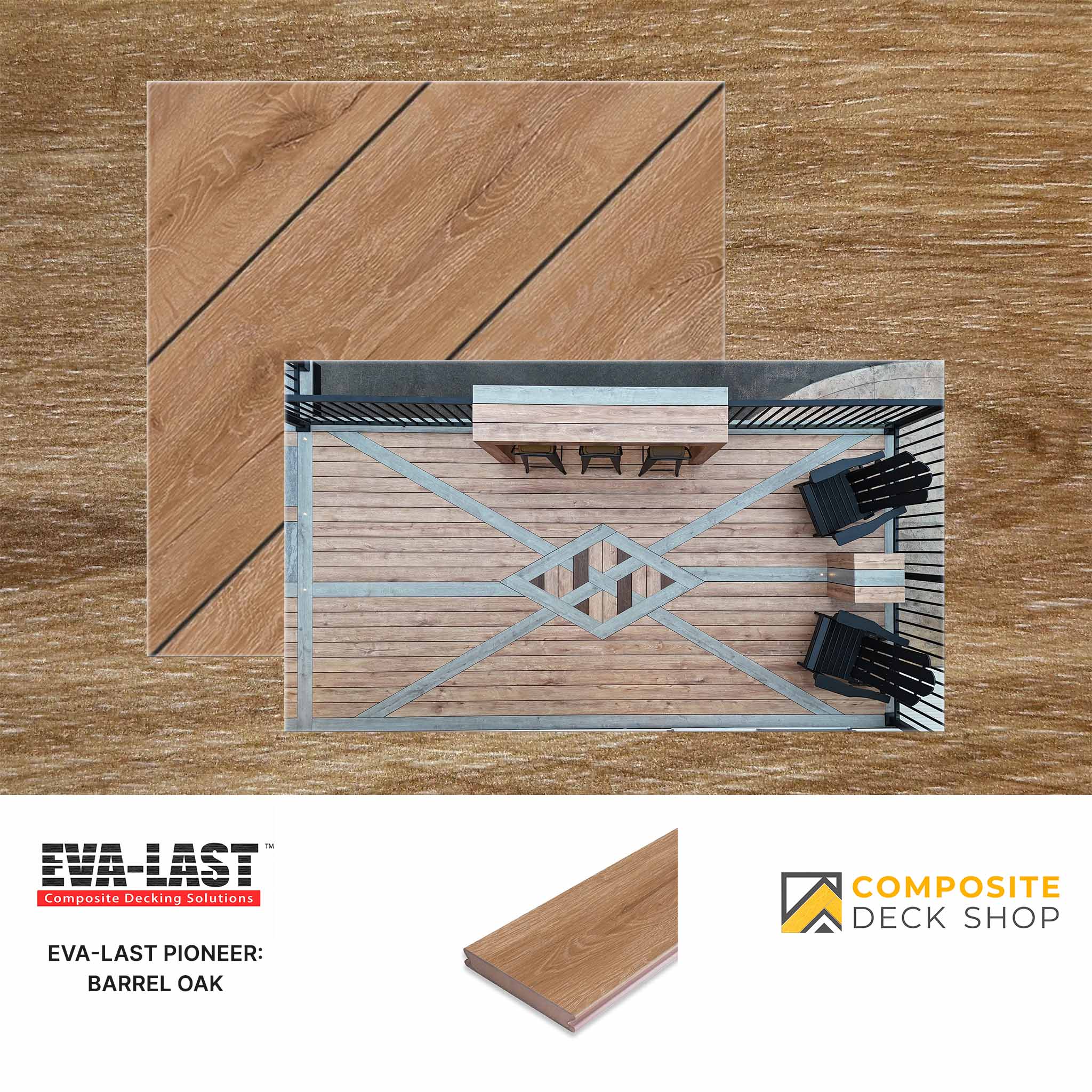 Wooden deck tiles with EVA-Last and Composite Deck Shop branding on a wooden background.