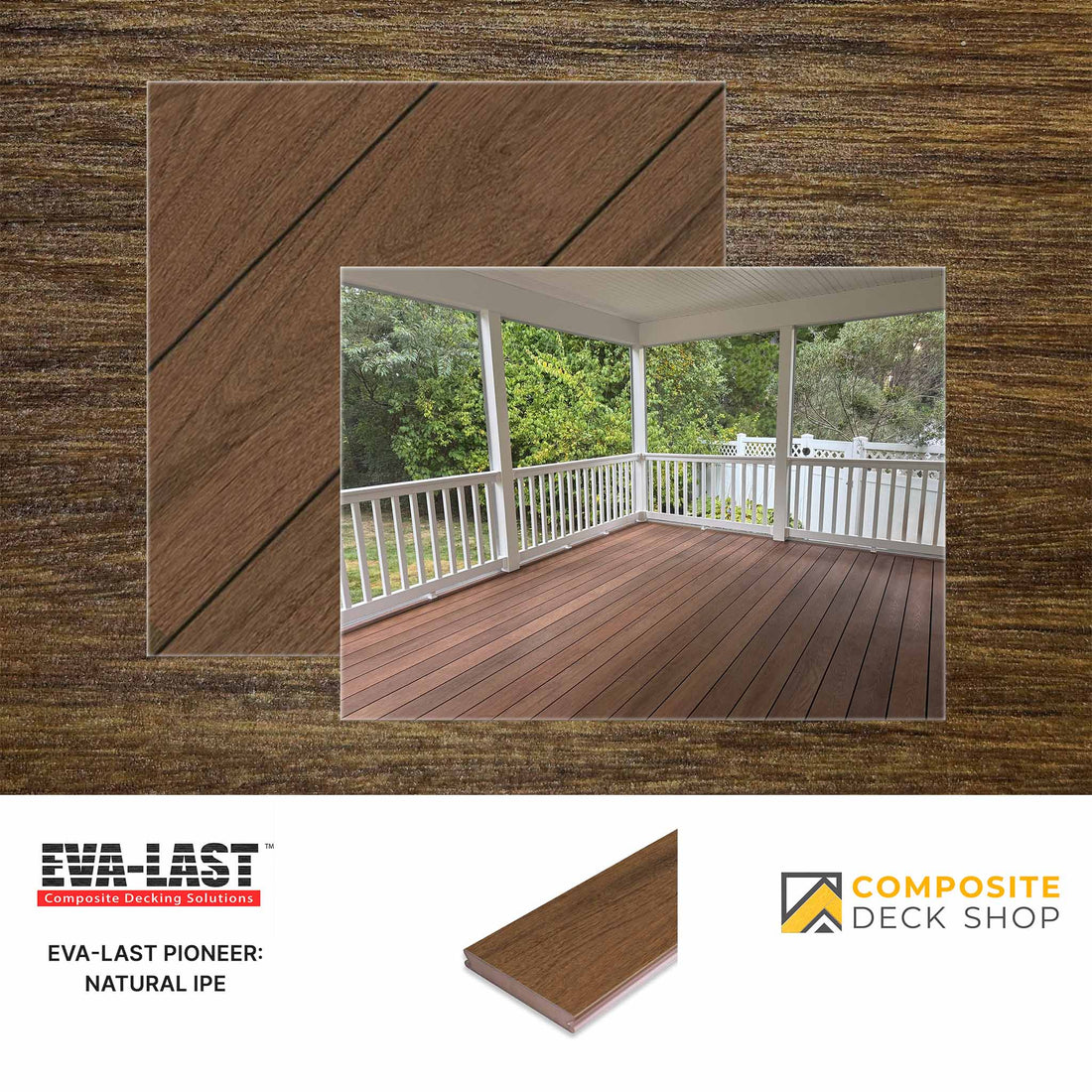 Gray composite decking with a scenic view of a deck and landscape, featuring Eva-Last and Composite Deck Shop logos.
