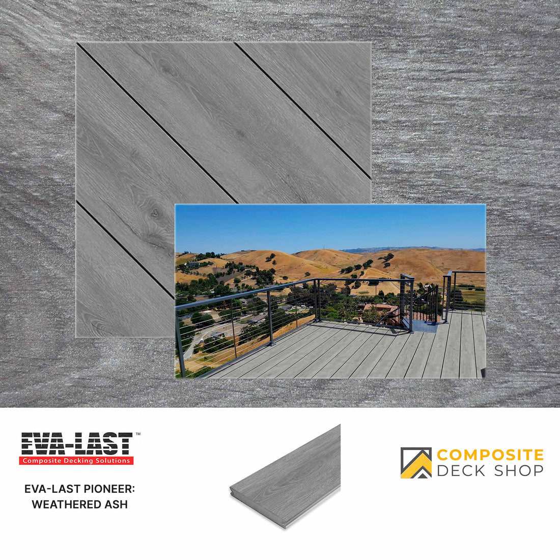 Gray composite decking with a scenic view of a deck and landscape, featuring Eva-Last and Composite Deck Shop logos.