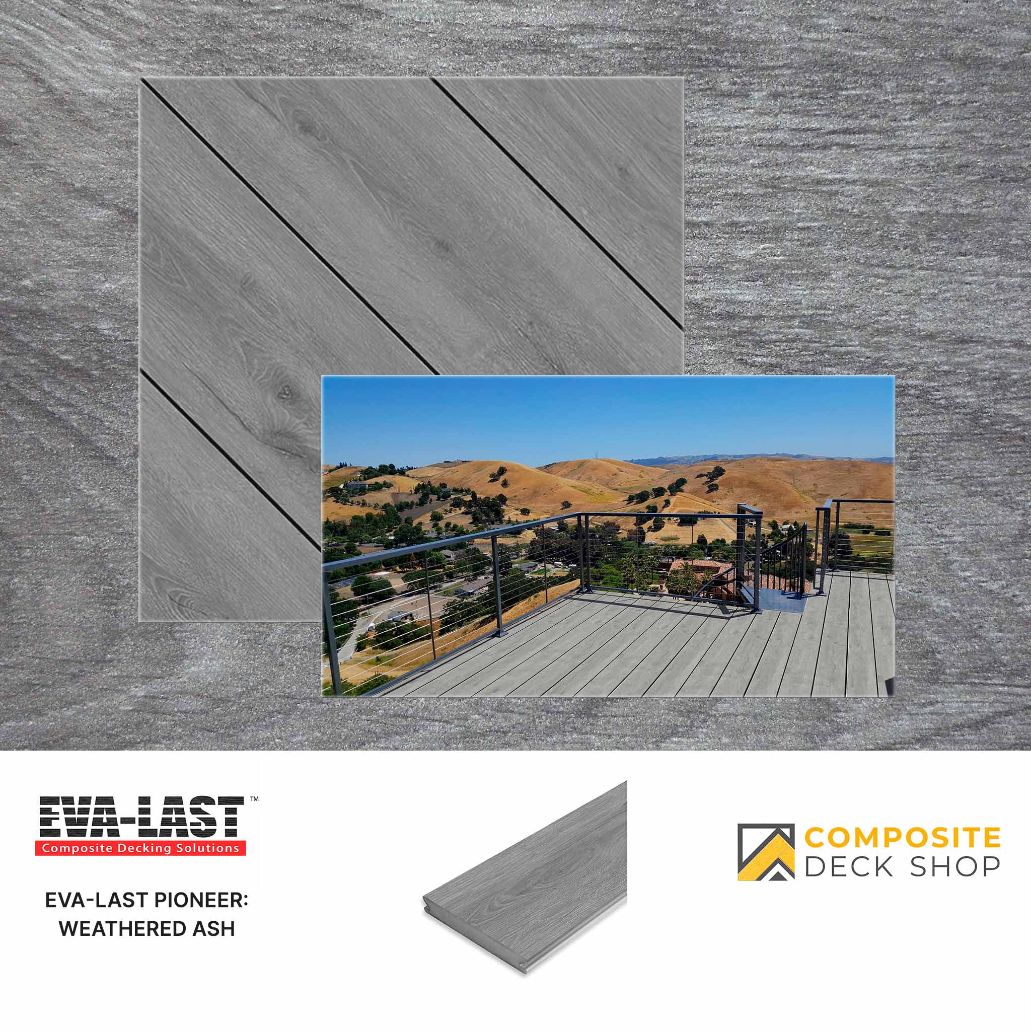 Gray composite decking with a scenic view of a deck and landscape, featuring Eva-Last and Composite Deck Shop logos.