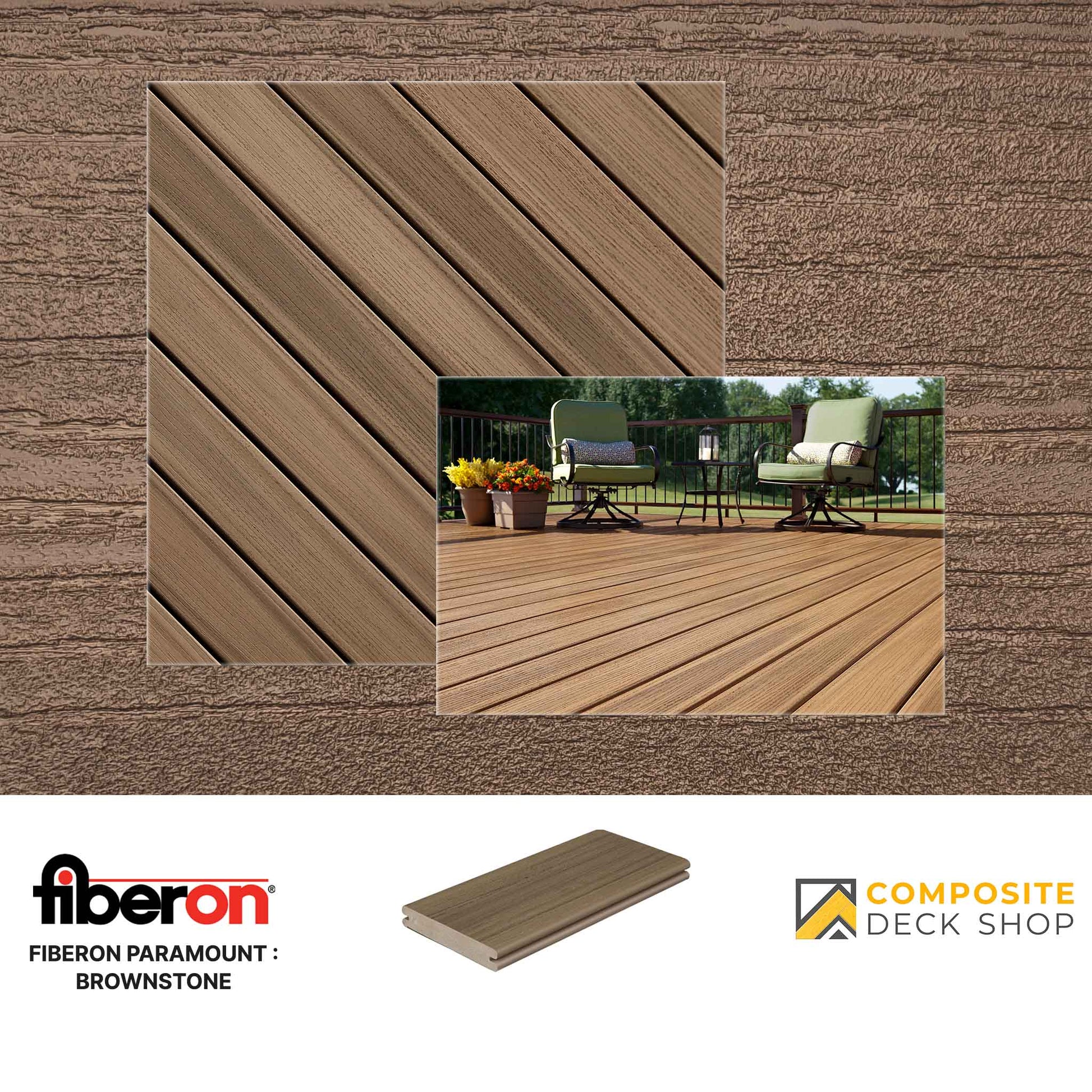 Fiberon Paramount Brownstone PVC decking samples and a furnished deck, with Fiberon and Composite Deck Shop logos.