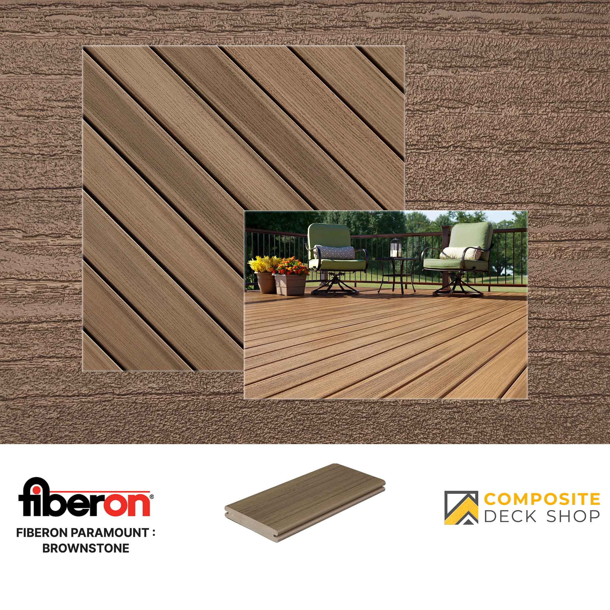 Fiberon Paramount Brownstone PVC decking samples and a furnished deck, with Fiberon and Composite Deck Shop logos.