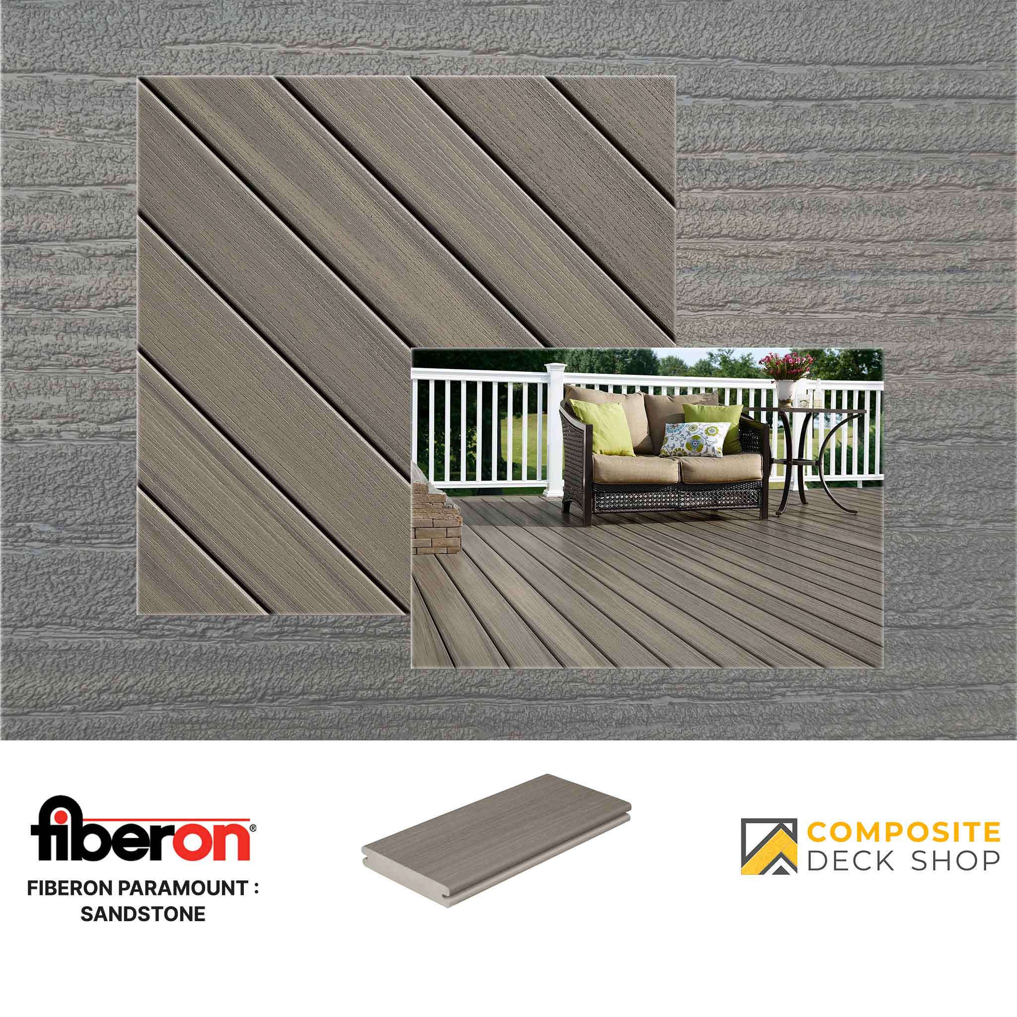 Fiberon Paramount Sandstone PVC decking with a close-up, furnished deck, slip-resistant sample, and retailer logos.