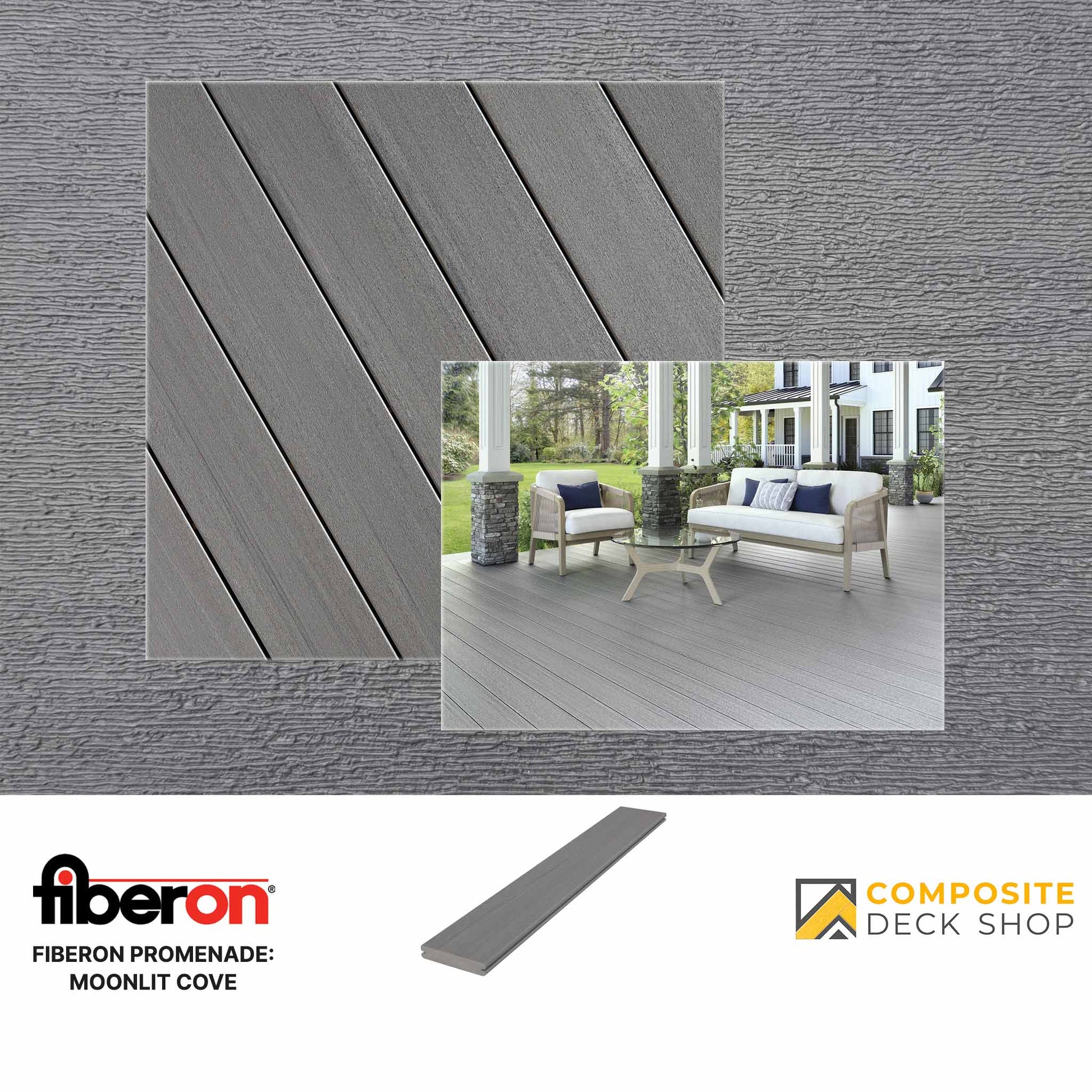 Gray composite deck boards with close-up texture, outdoor seating area, and low-maintenance decking. Fiberon Moonlit Cove.