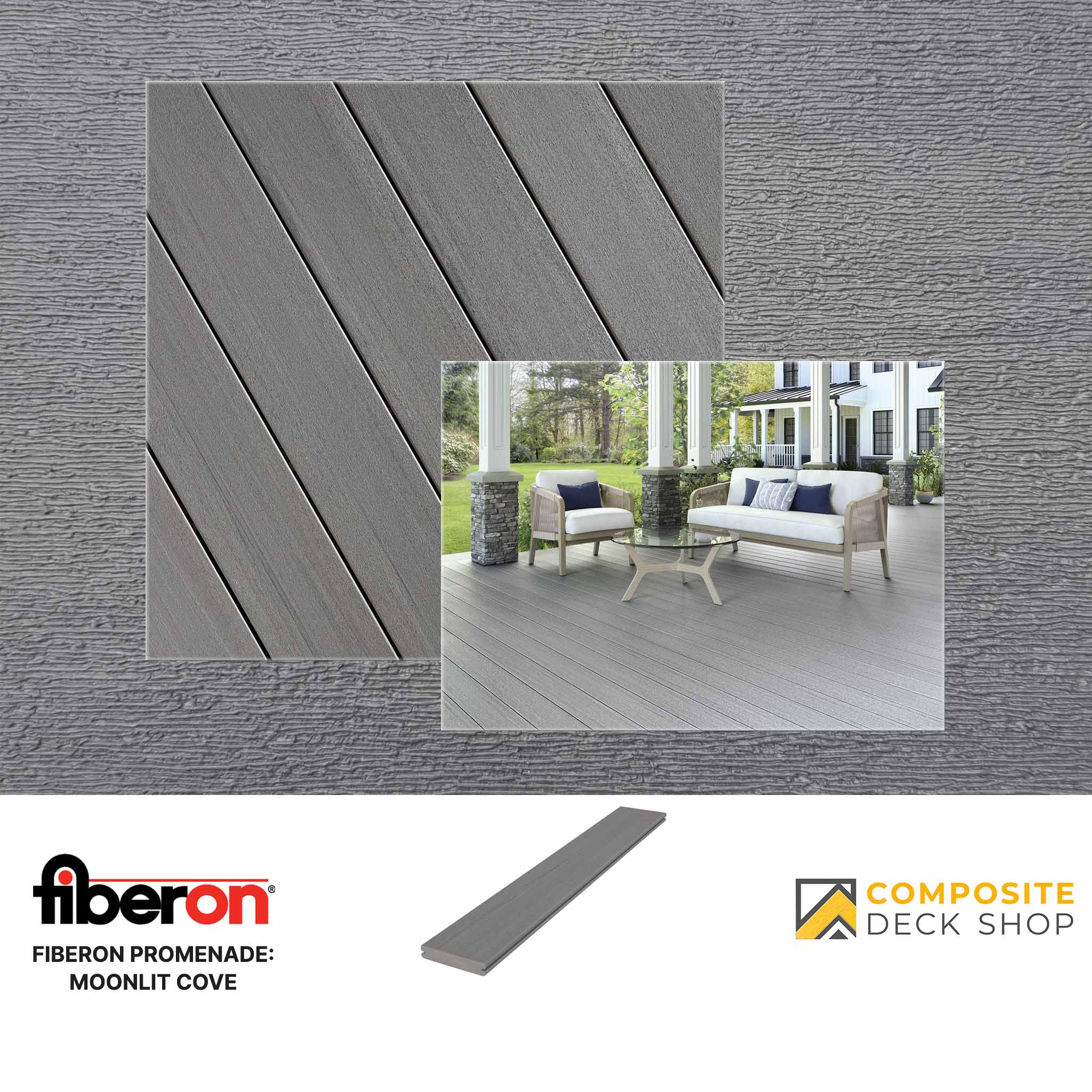 Gray composite deck boards with close-up texture, outdoor seating area, and low-maintenance decking. Fiberon Moonlit Cove.