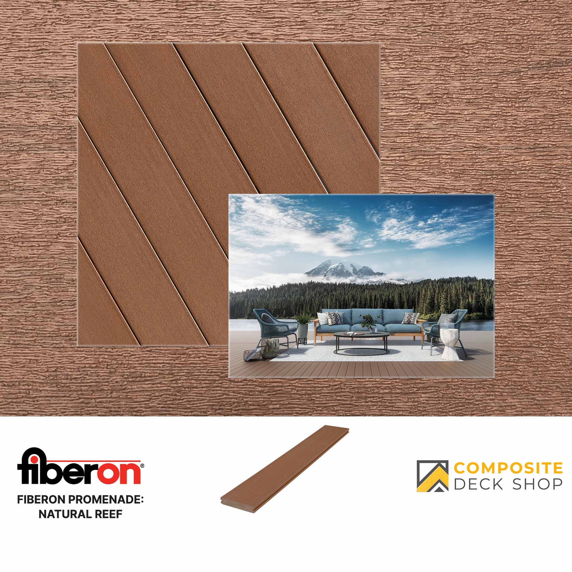 A sample of Fiberon Promenade Natural Reef low-maintenance PVC decking with outdoor seating by a lake and mountains.