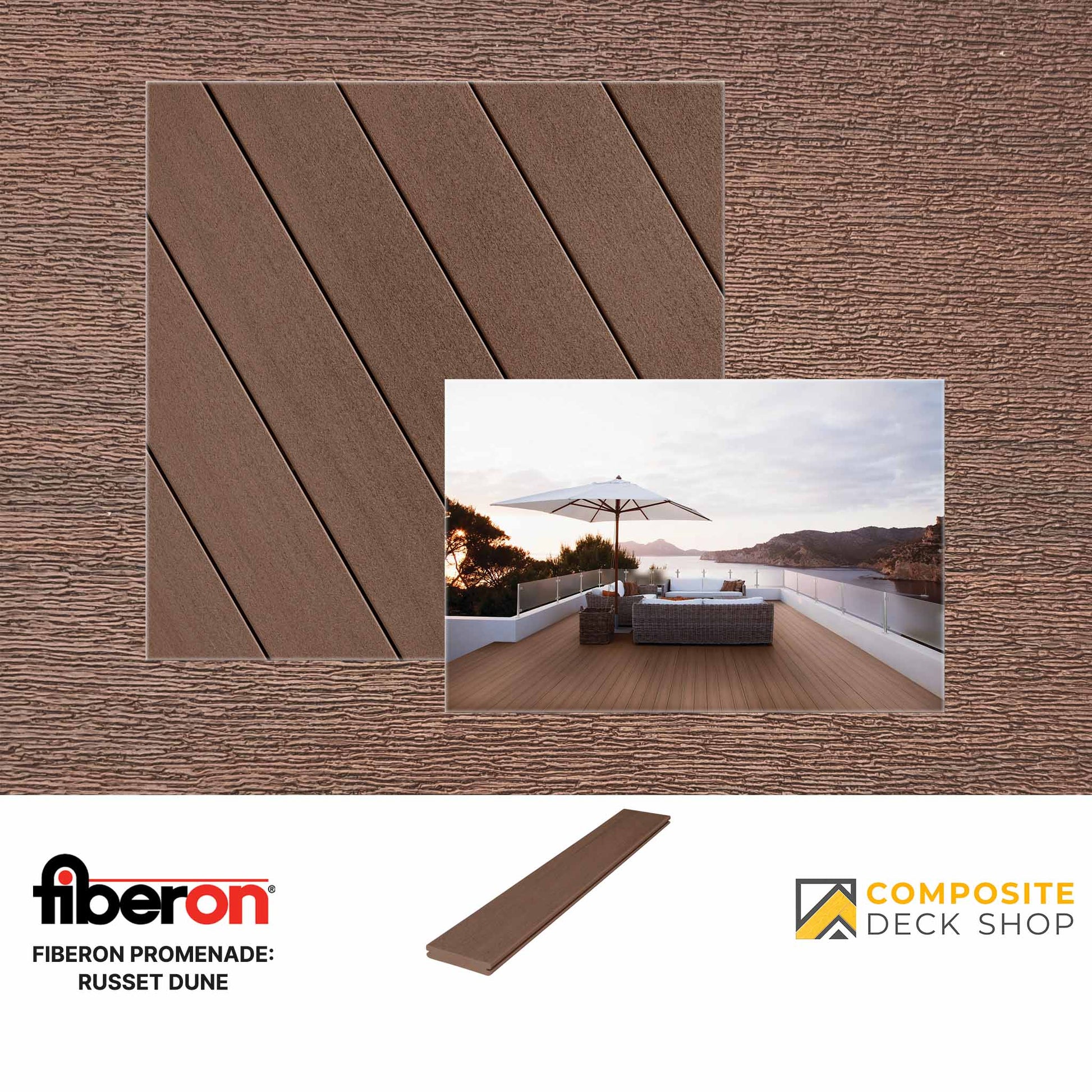 Fiberon Promenade Russet Dune PVC decking sample, installed view, and branding from Composite Deck Shop.