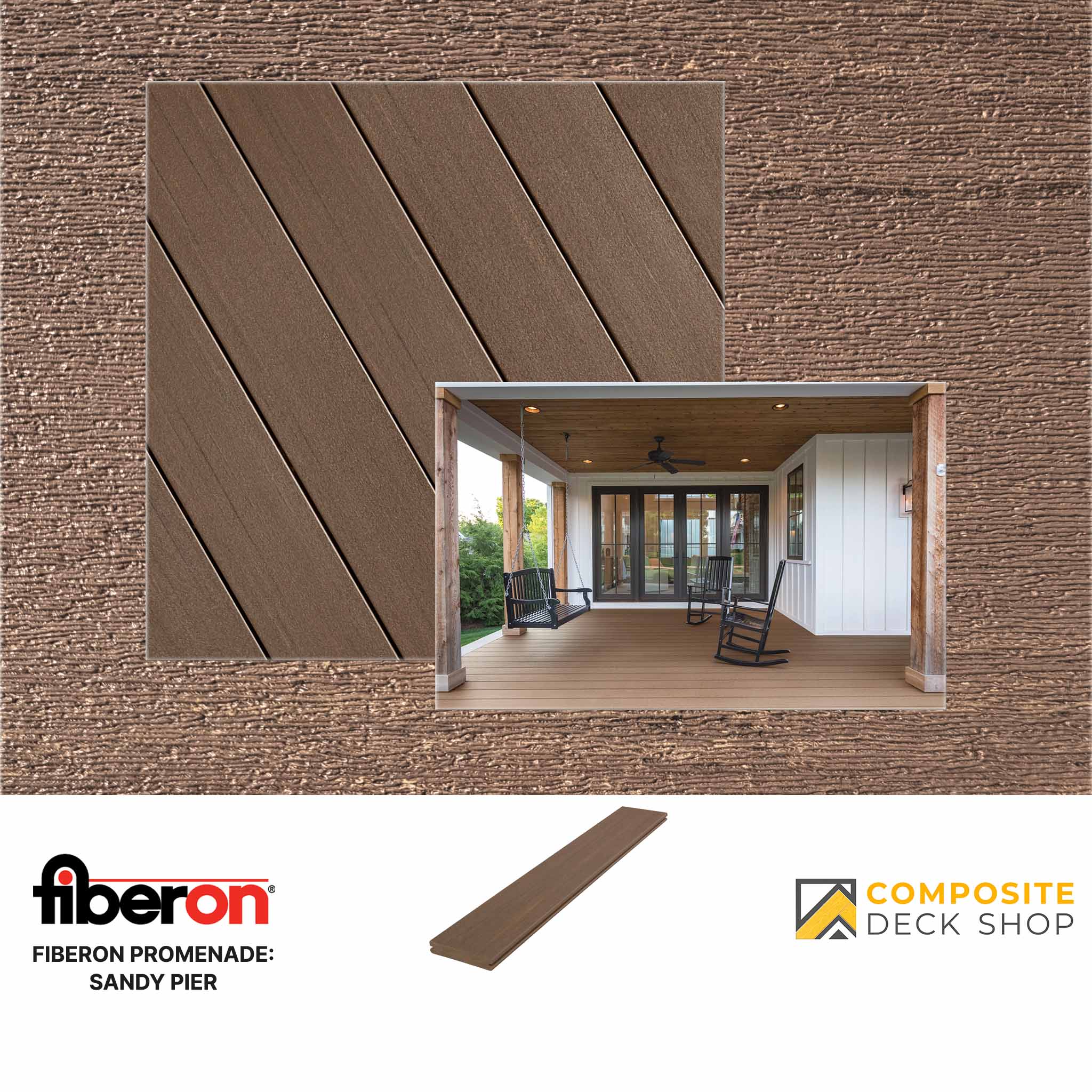 Fiberon Promenade Sandy Pier PVC decking sample, full deck installation, and branding logos shown.