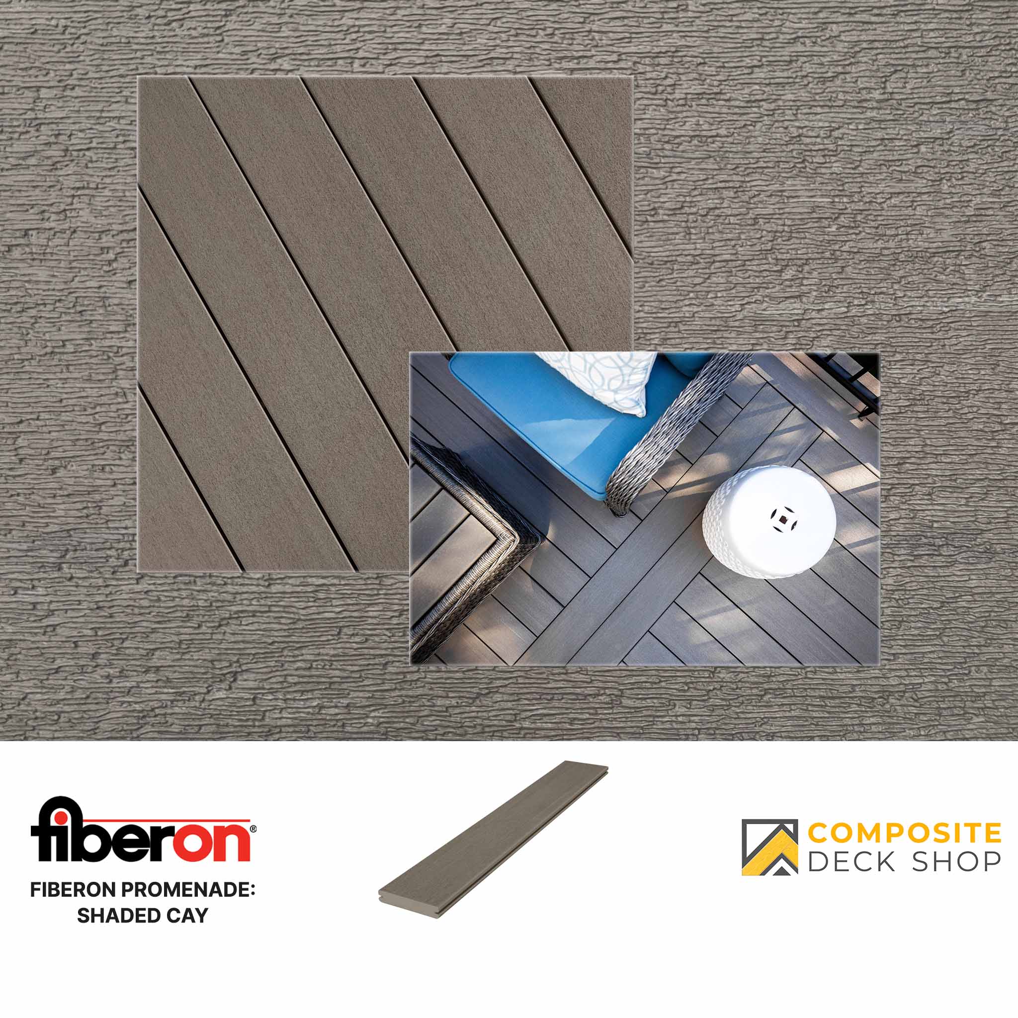 Sample boards and installed Fiberon Promenade Shaded Cay low-maintenance PVC decking, shown with furniture and a lantern.