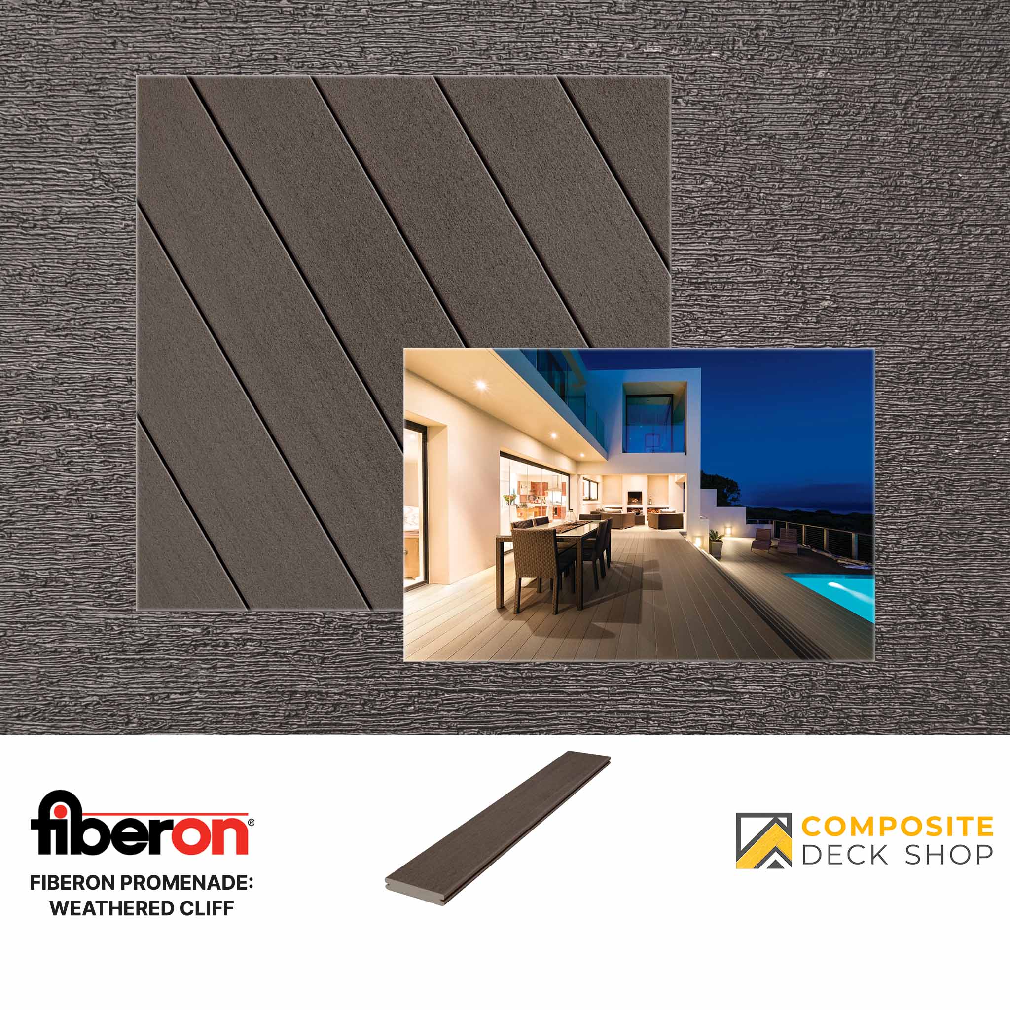 Sample of Fiberon Promenade low-maintenance PVC decking in Weathered Cliff with an outdoor dining area and pool at dusk in the inset.