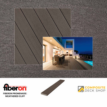 Sample of Fiberon Promenade low-maintenance PVC decking in Weathered Cliff with an outdoor dining area and pool at dusk in the inset.