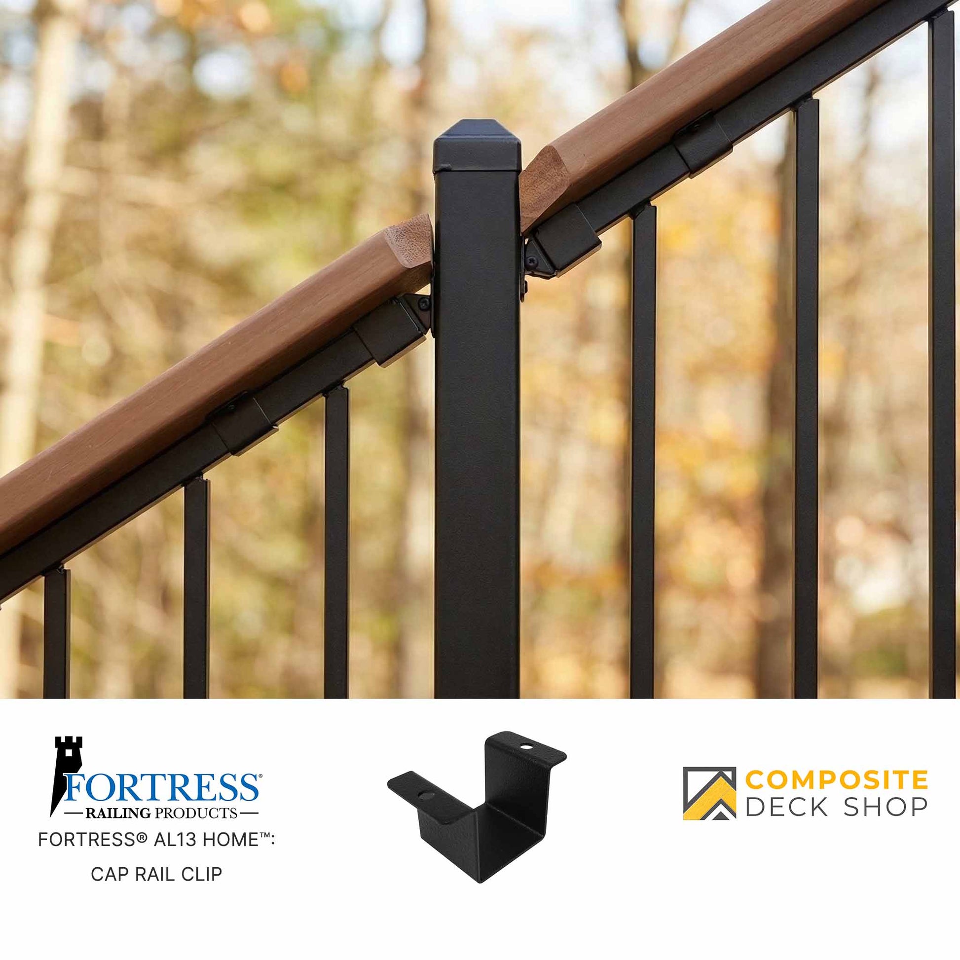 Black metal Al13 HOME aluminum railing with wooden drink rail, attached using a cap rail clip; logos below.