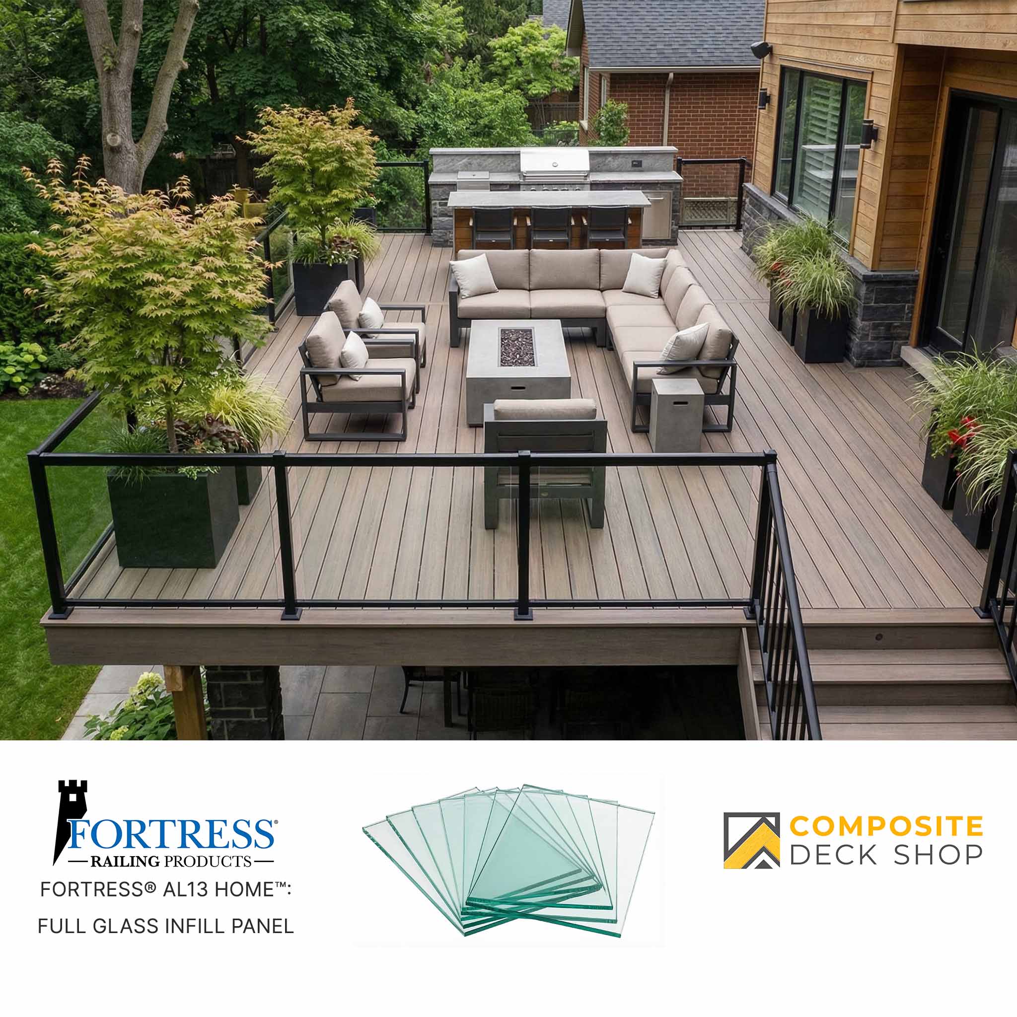 Outdoor patio with furniture and Fortress Railing Products and Composite Deck Shop branding.