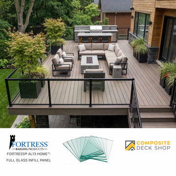 Outdoor patio with furniture and Fortress Railing Products and Composite Deck Shop branding.