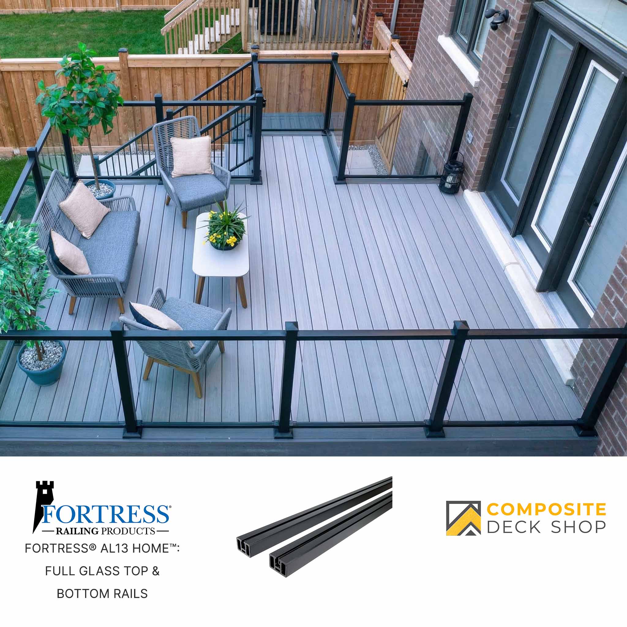 Outdoor deck with furniture and Fortress Railing Products and Composite Deck Shop branding.