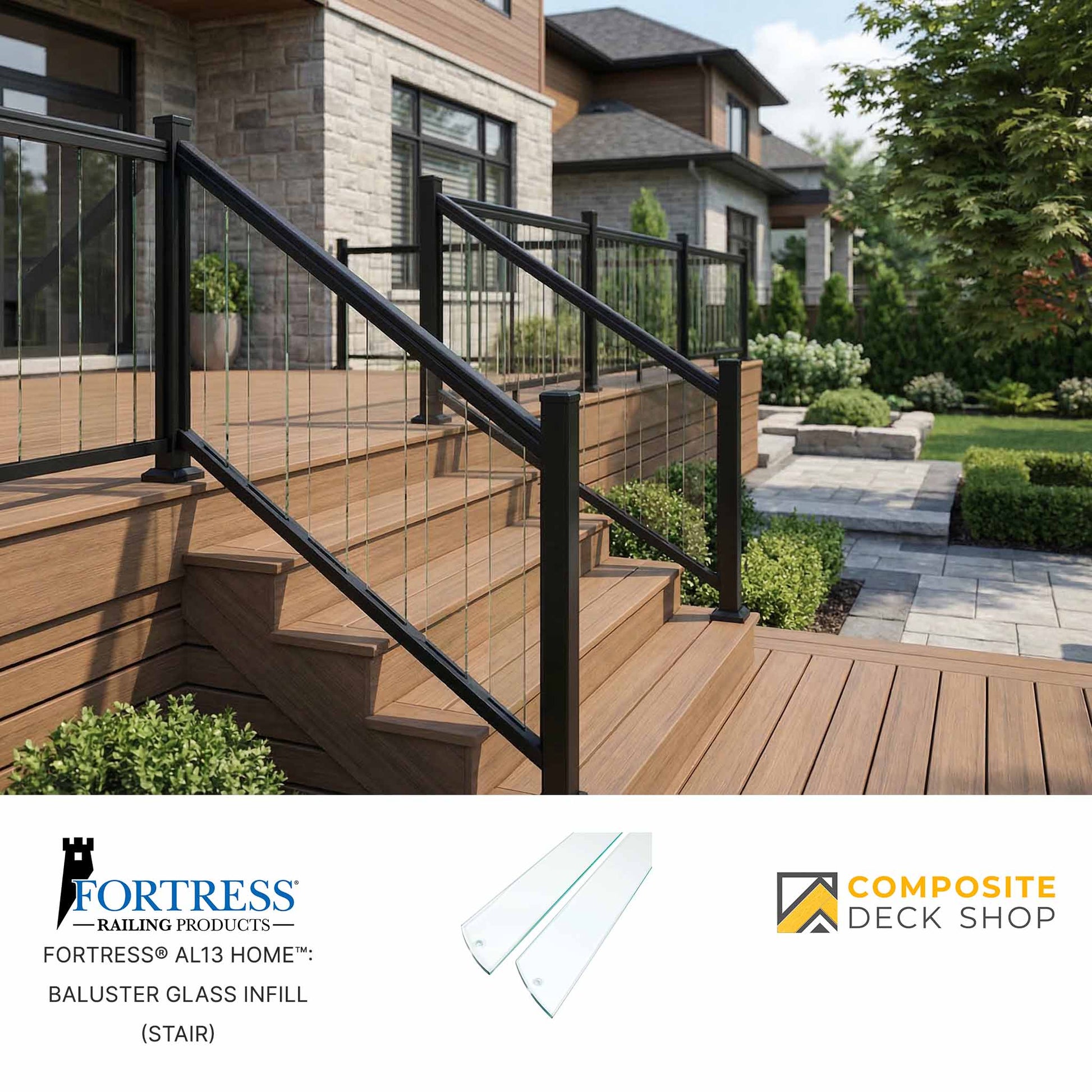 Modern outdoor staircase with Fortress glass baluster railing, wooden steps, and landscaped patio area; product logos at bottom.
