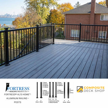 Gray composite deck with Fortress Al13 HOME aluminum railing on a balcony, overlooking trees and the distant city skyline.