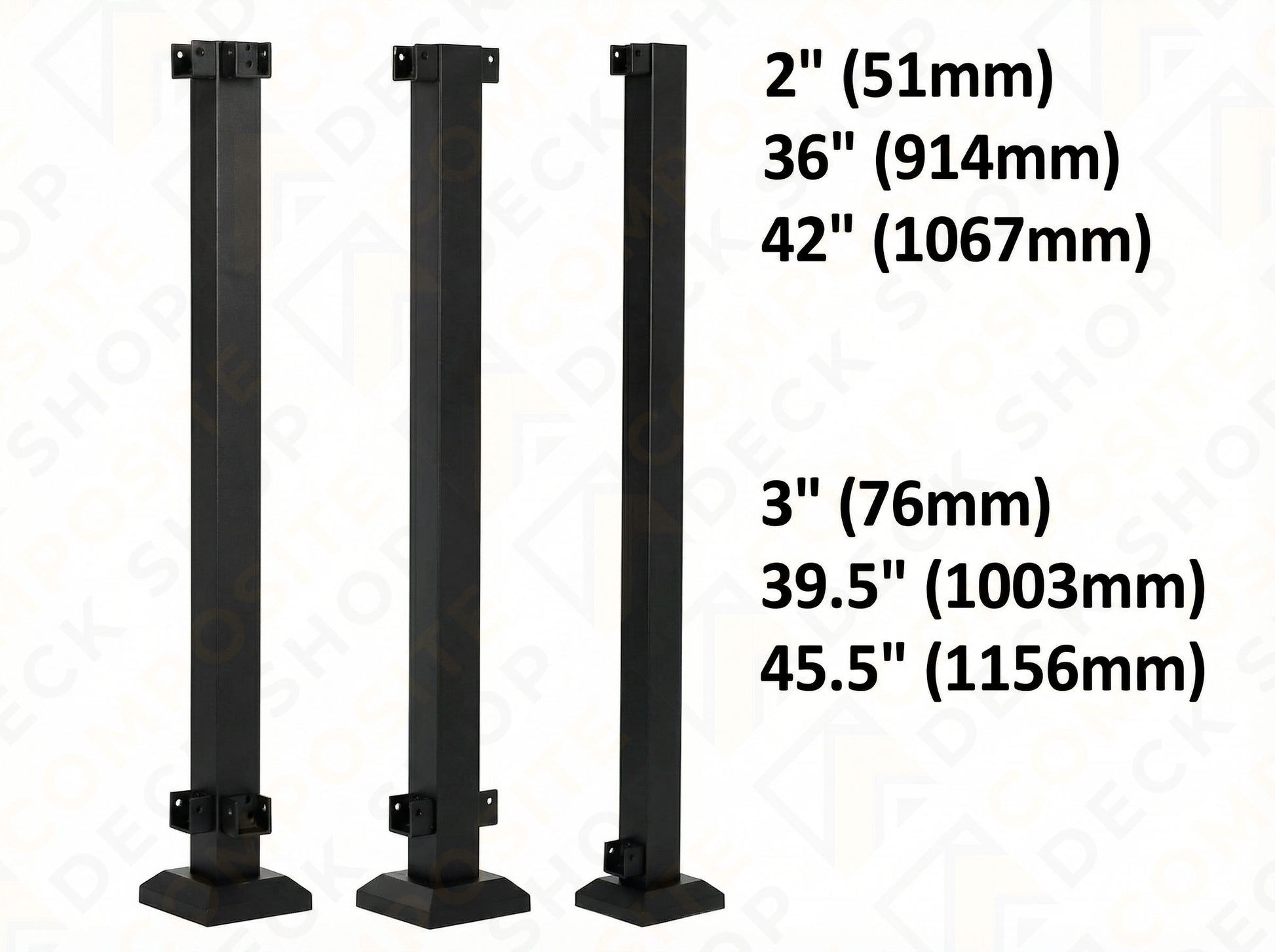 Three black Al13 HOME aluminum railing posts of varying sizes, with measurements listed in inches and millimeters.