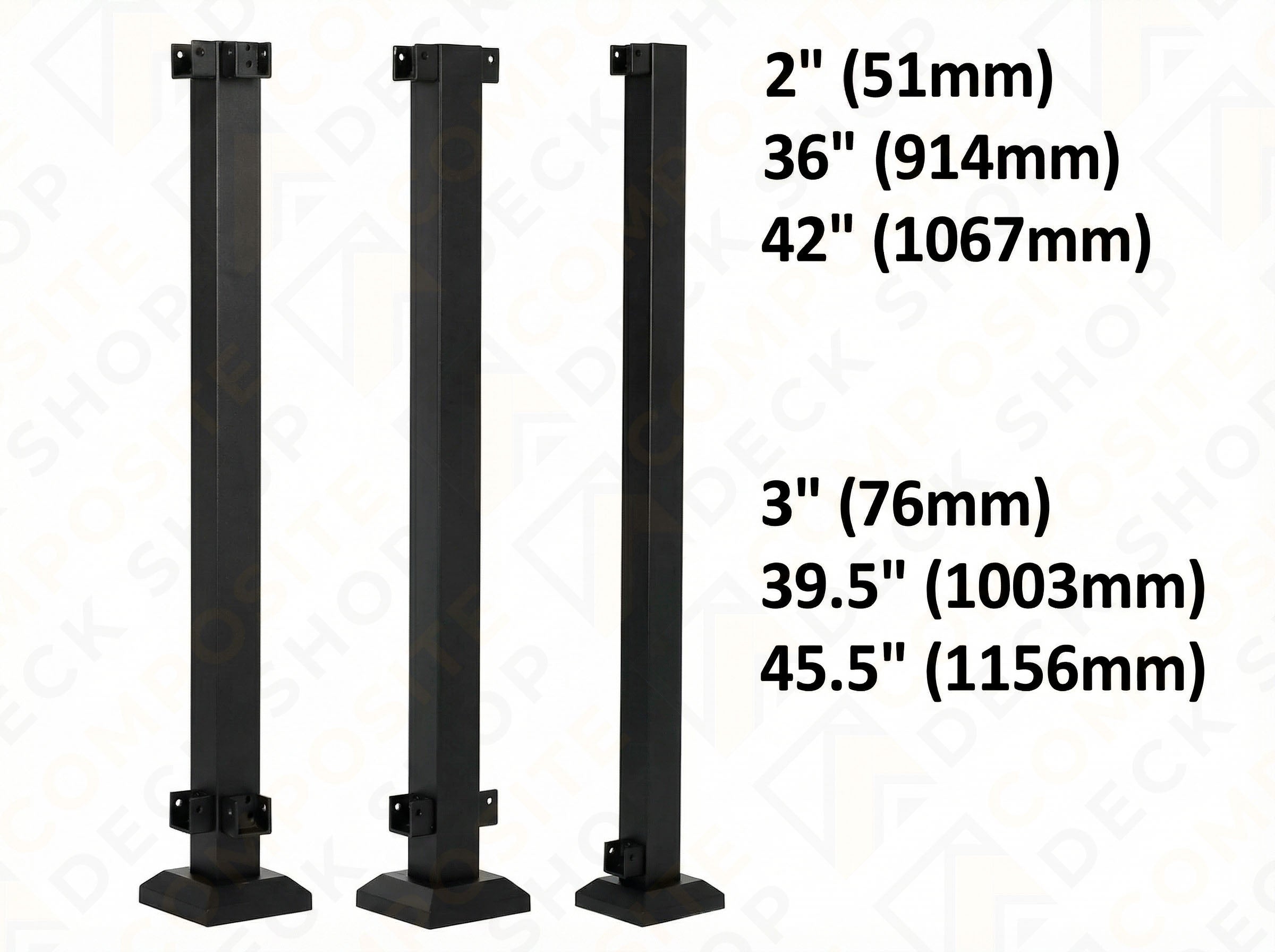 Three black Al13 HOME aluminum railing posts of varying sizes, with measurements listed in inches and millimeters.