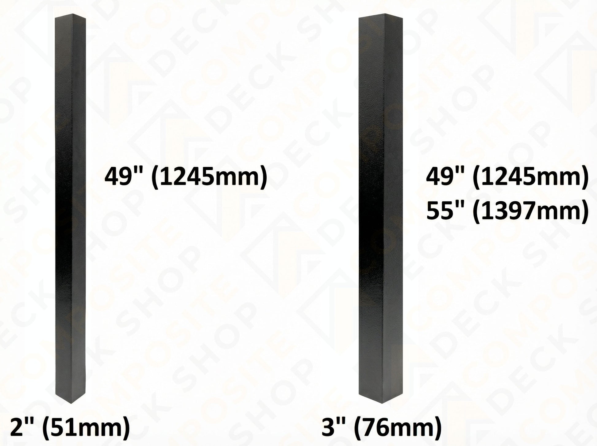 Two black Al13 HOME aluminum railing posts, one 2 x 49 and one 3 in 49 and 55 heights, with measurements labeled.