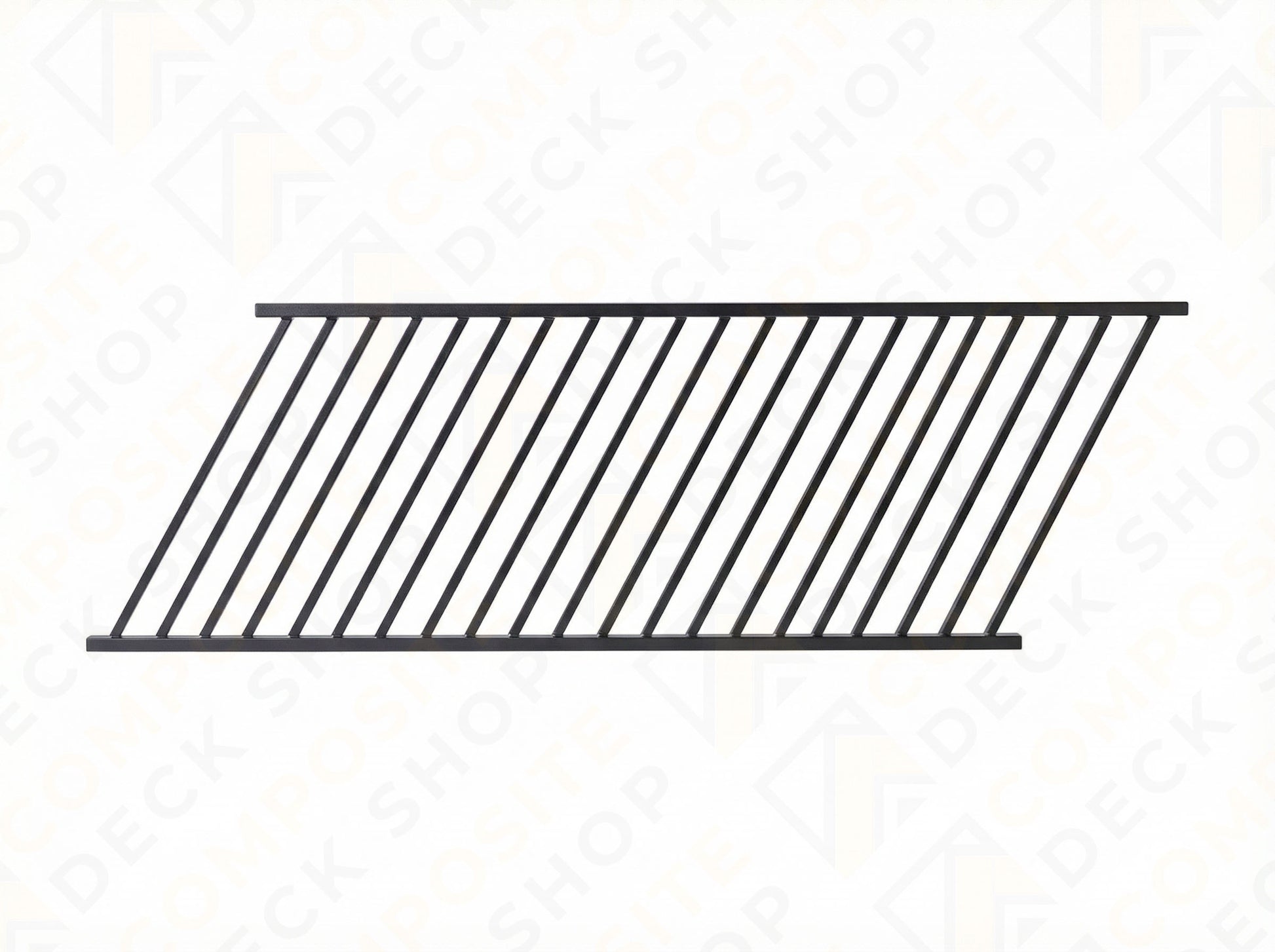 Black aluminum railing panel with diagonal bars, ideal for use as a stair panel or residential railing.