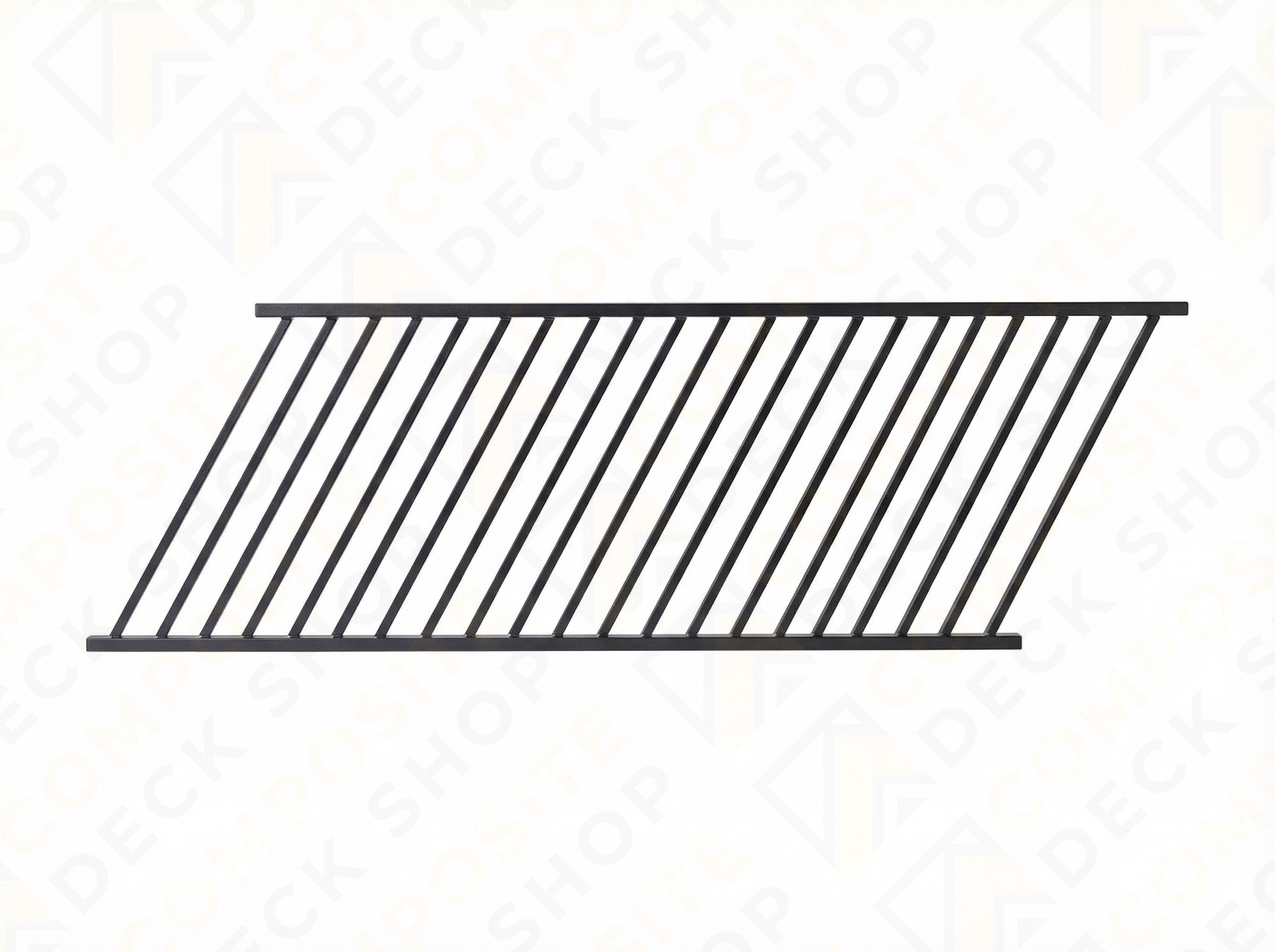 Black aluminum railing panel with diagonal bars, ideal for use as a stair panel or residential railing.