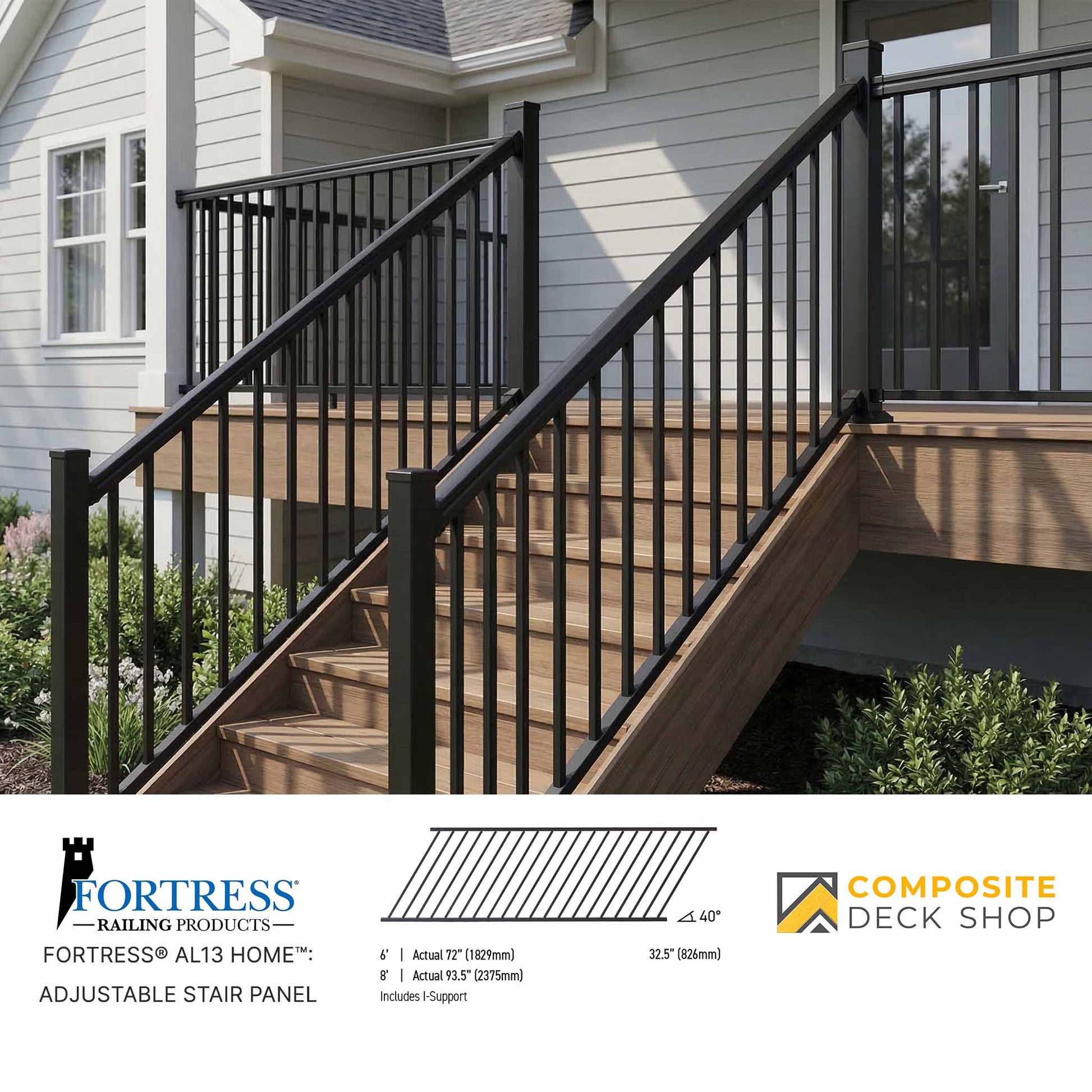 Wooden deck with black railing and house exterior, featuring Fortress Railing Products and Composite Deck Shop logos.