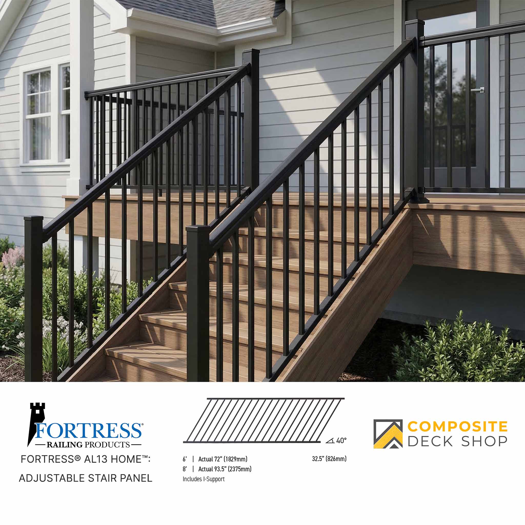 Wooden deck with black railing and house exterior, featuring Fortress Railing Products and Composite Deck Shop logos.