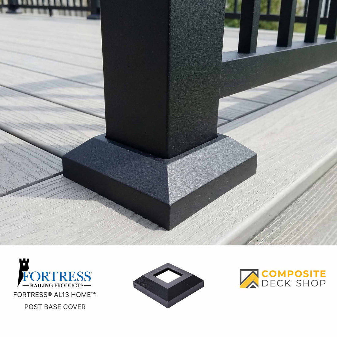 Black Al13 HOME aluminum railing post with post base cover installed on gray composite deck; logos and images below.