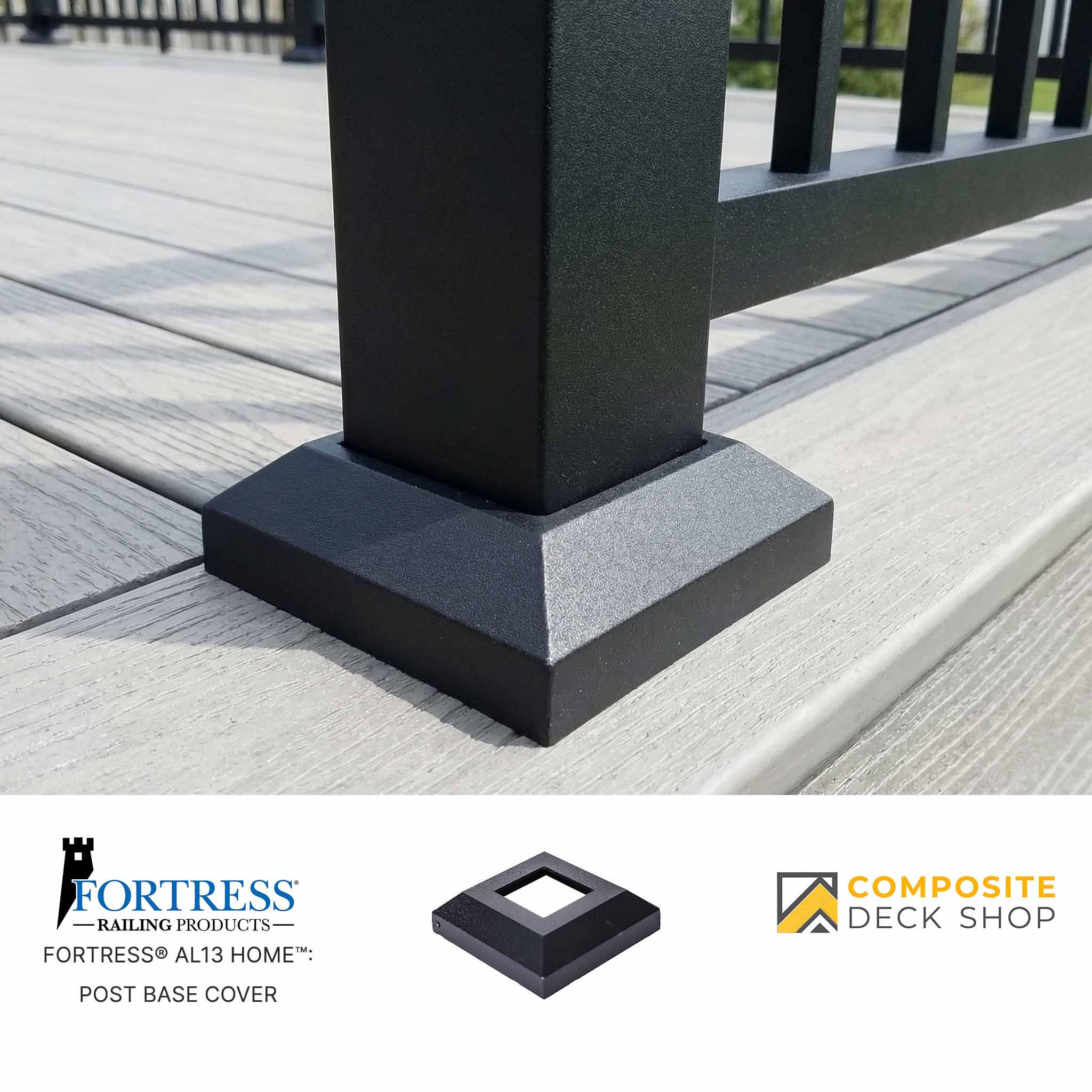 Black Al13 HOME aluminum railing post with post base cover installed on gray composite deck; logos and images below.