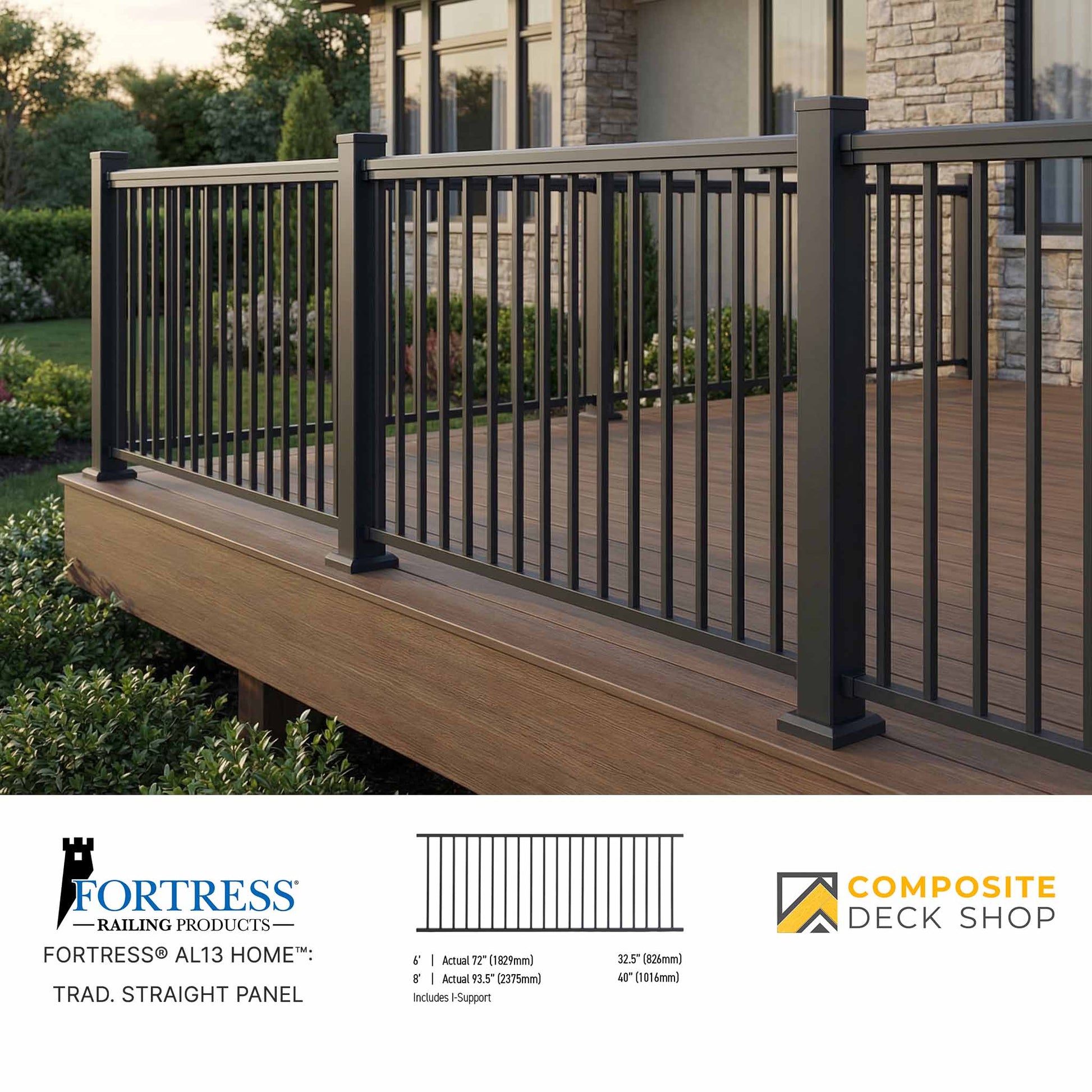 Black metal railing on a wooden deck with a house in the background, featuring Fortress Railing Products and Composite Deck Shop logos.