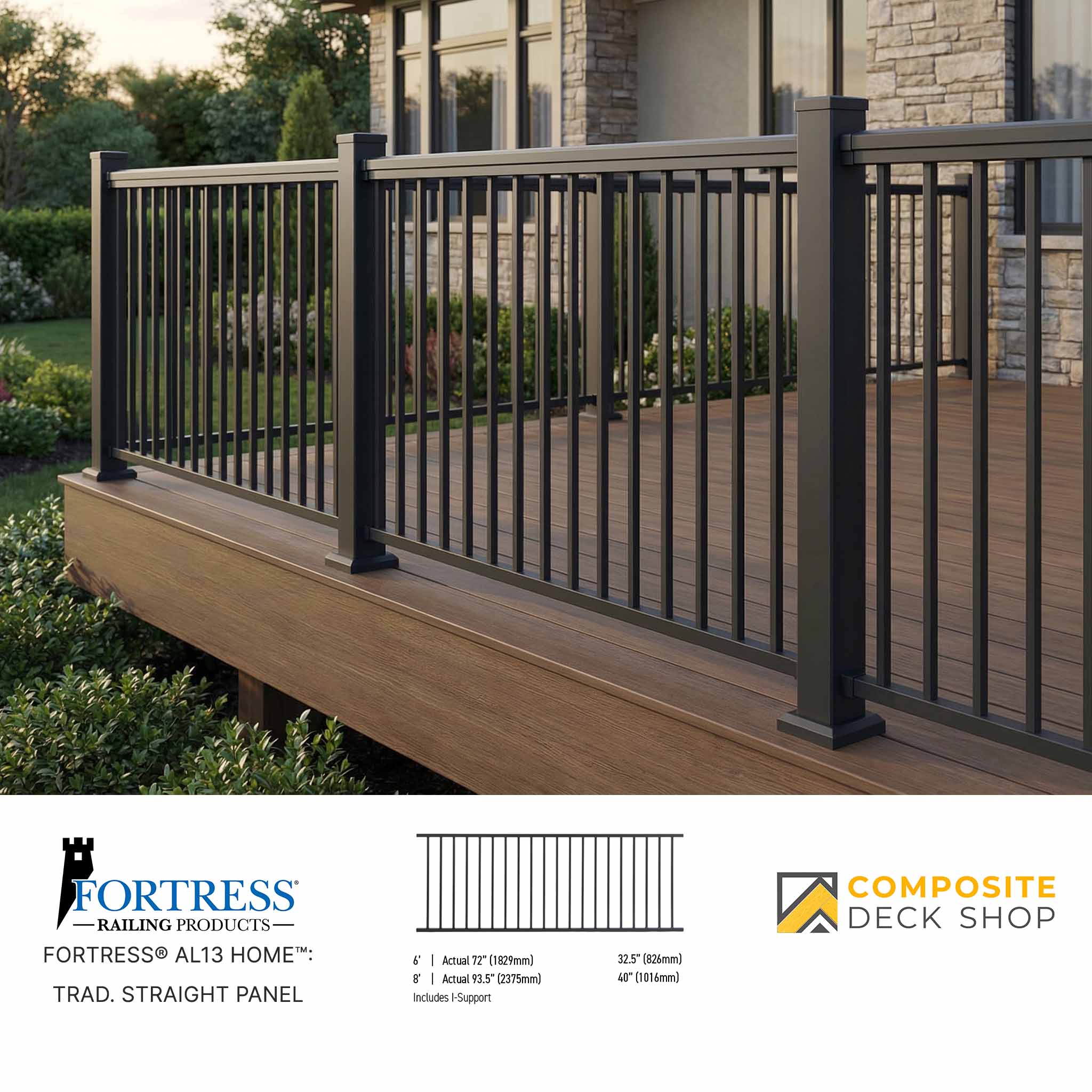 Black metal railing on a wooden deck with a house in the background, featuring Fortress Railing Products and Composite Deck Shop logos.