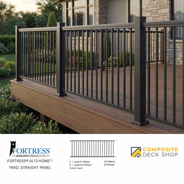 Black metal railing on a wooden deck with a house in the background, featuring Fortress Railing Products and Composite Deck Shop logos.