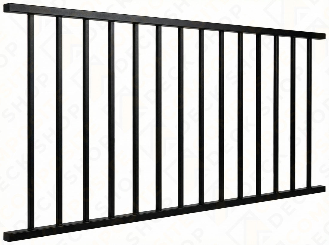Black metal railing on a wooden deck with a house in the background, featuring Fortress Railing Products and Composite Deck Shop logos.