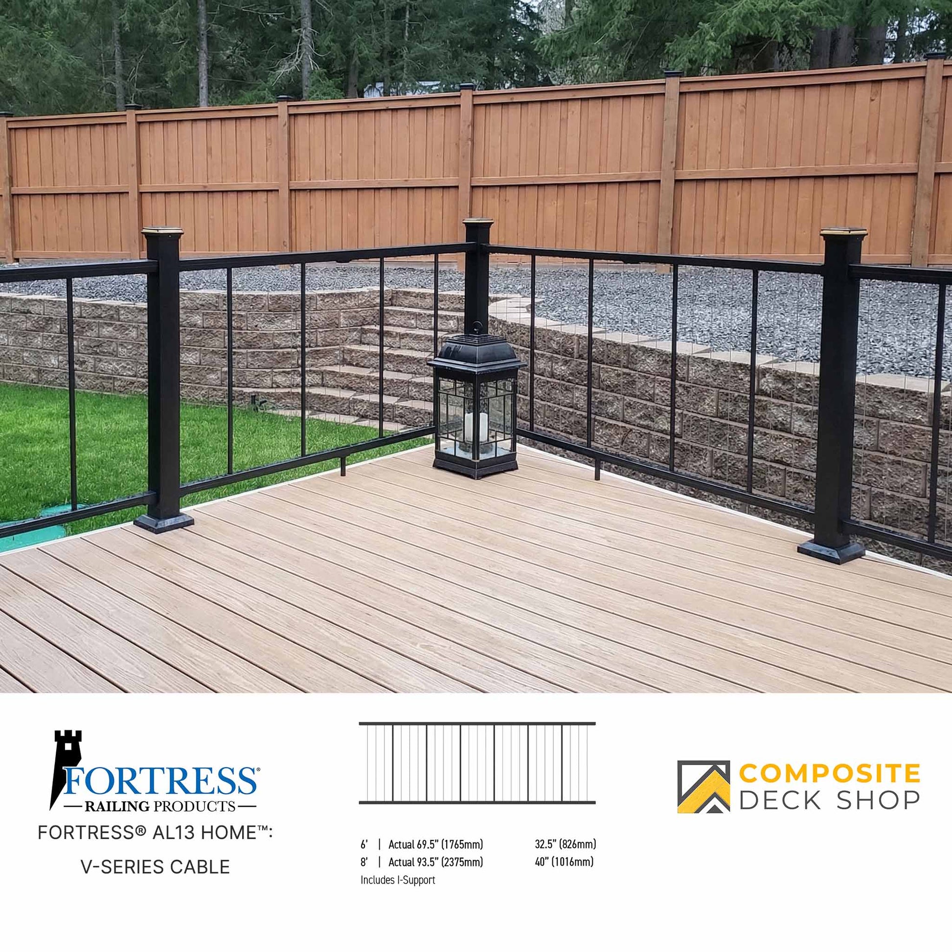 Wooden deck with black railing and Fortress Railing Products branding