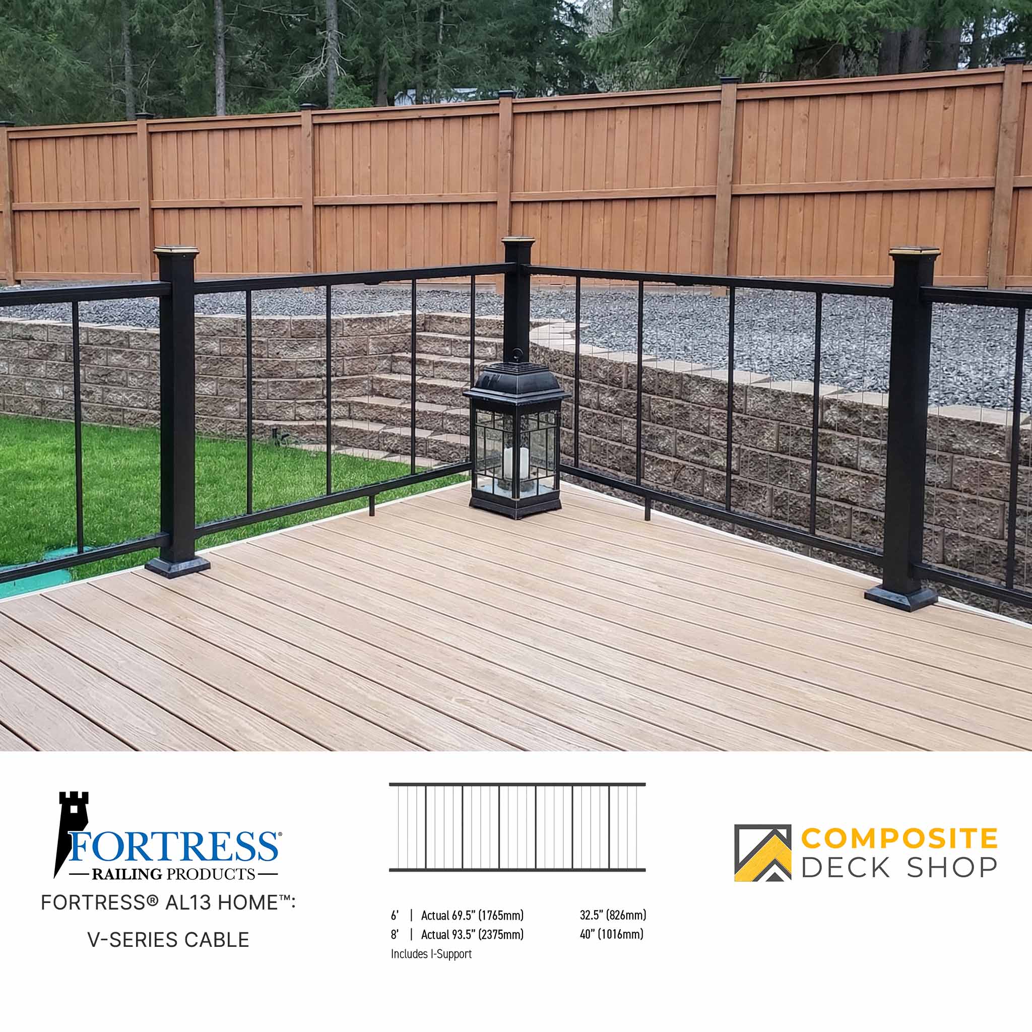 Wooden deck with black railing and Fortress Railing Products branding