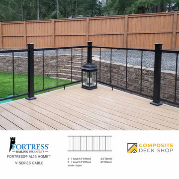 Wooden deck with black railing and Fortress Railing Products branding