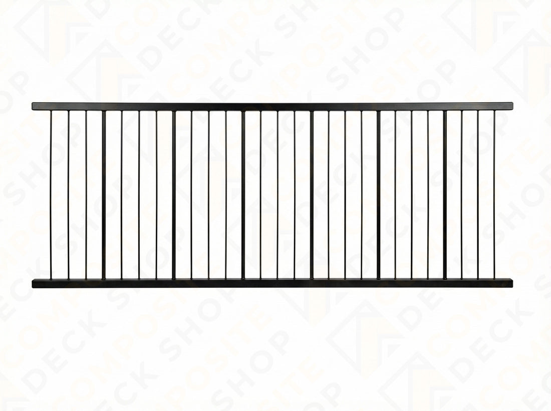 Wooden deck with black railing and Fortress Railing Products branding